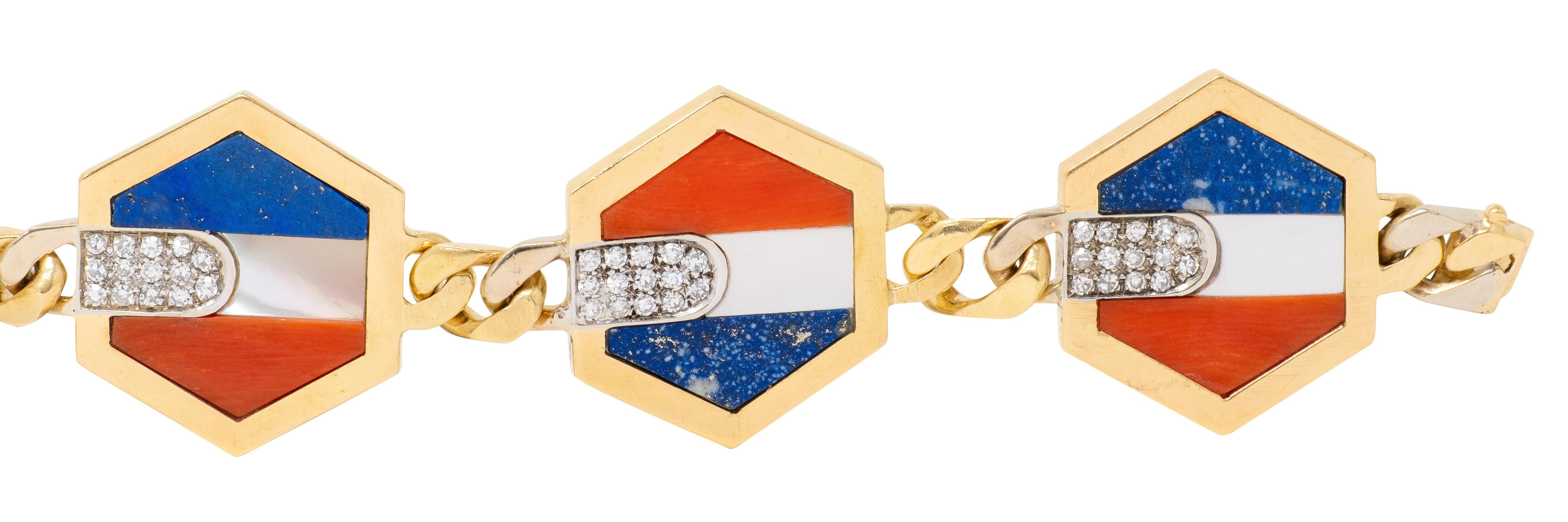 Bulgari Stars and Stripes 1970's Diamond Coral Lapis 18K Gold Vintage Bracelet