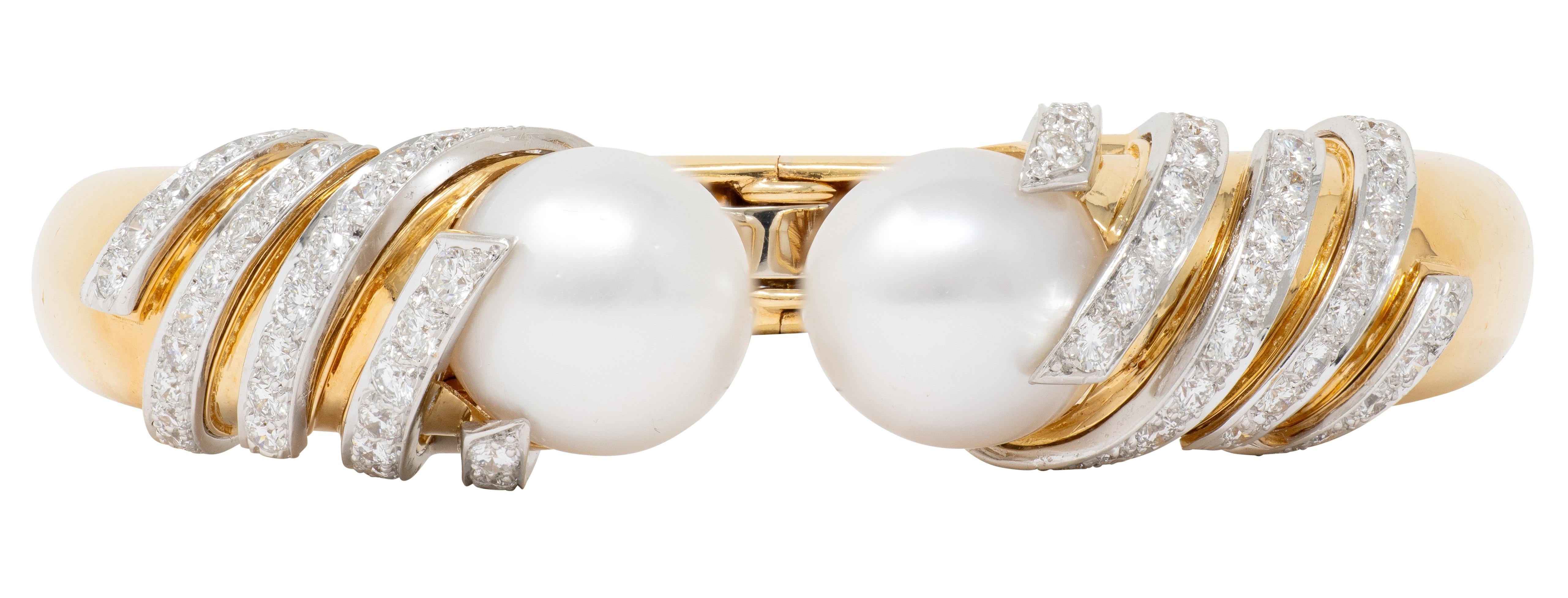 David Webb 1970's Diamond Pearl 18K Gold Platinum Vintage Swirl Cuff Bracelet