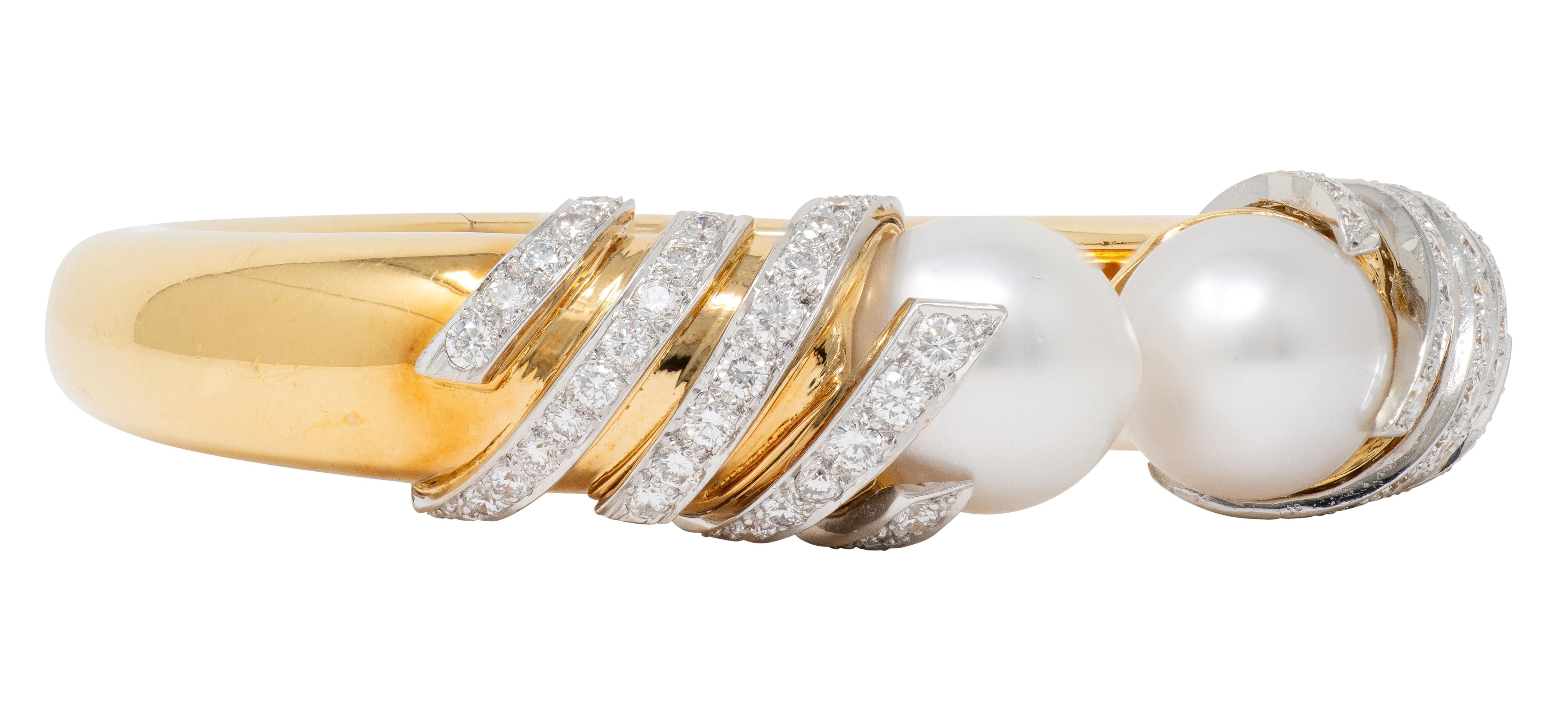 David Webb 1970's Diamond Pearl 18K Gold Platinum Vintage Swirl Cuff Bracelet