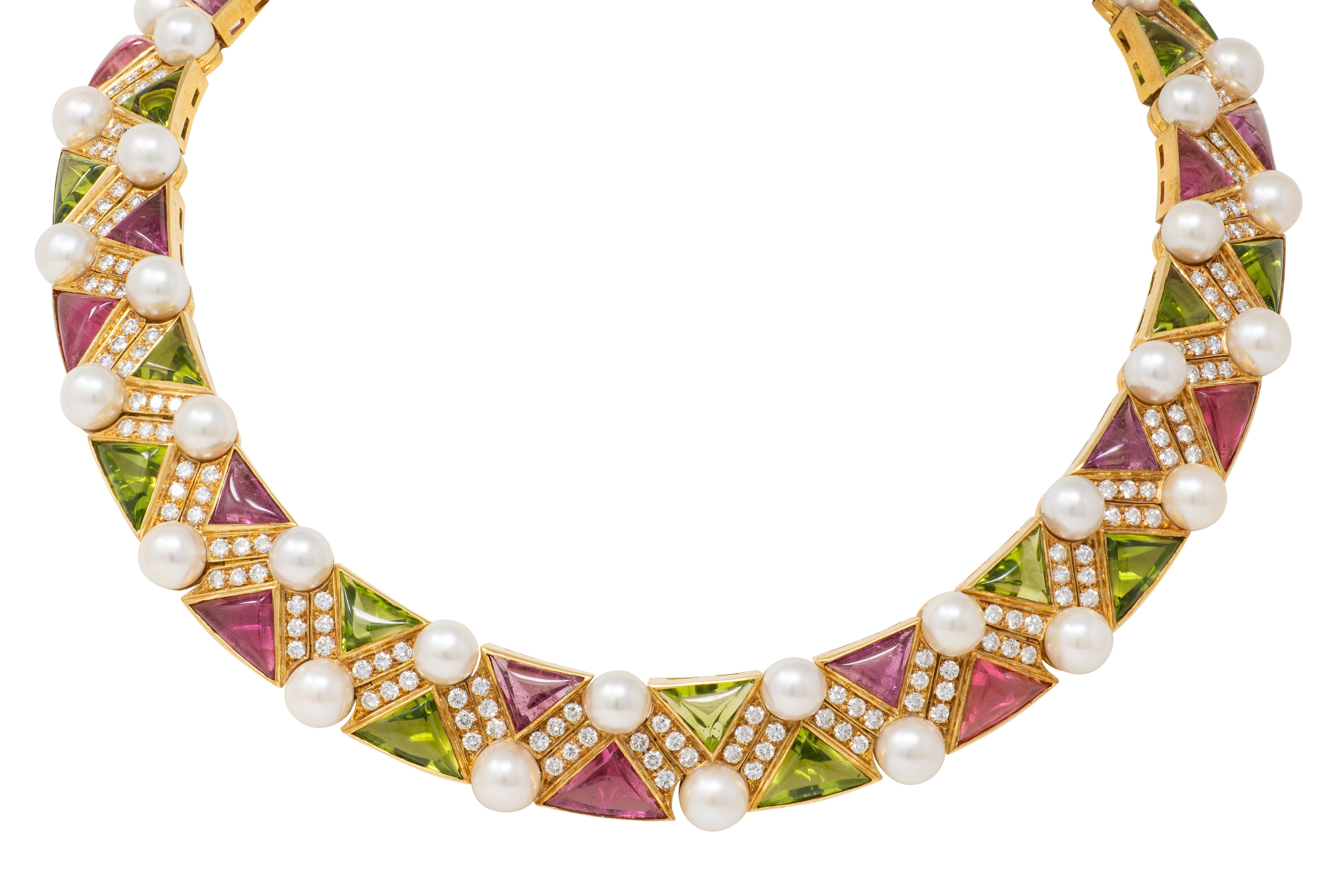 Bulgari 1989 Diamond Pearl Multi-Gem 18K Gold Vintage Geometric Collar Necklace