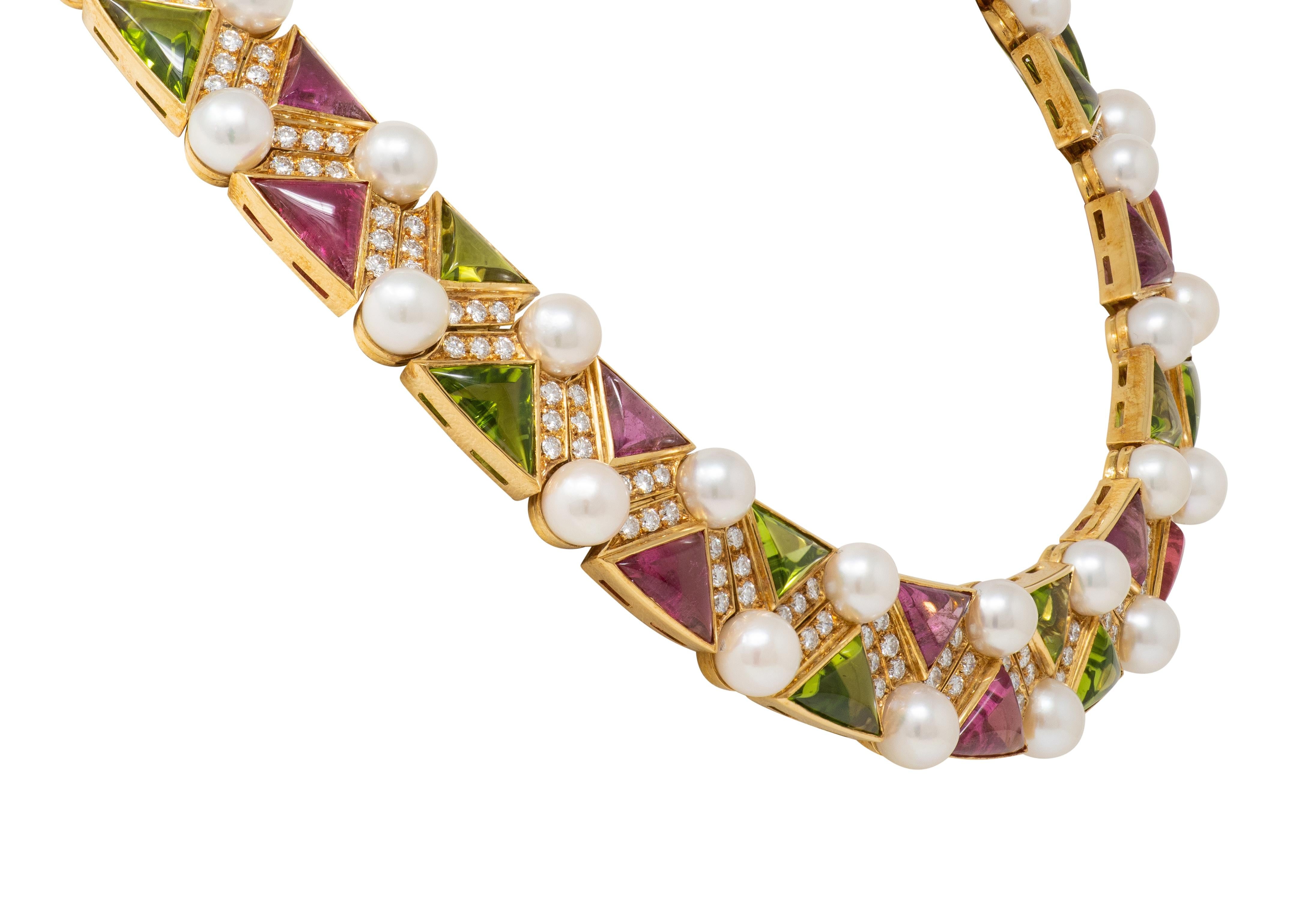Bulgari 1989 Diamond Pearl Multi-Gem 18K Gold Vintage Geometric Collar Necklace