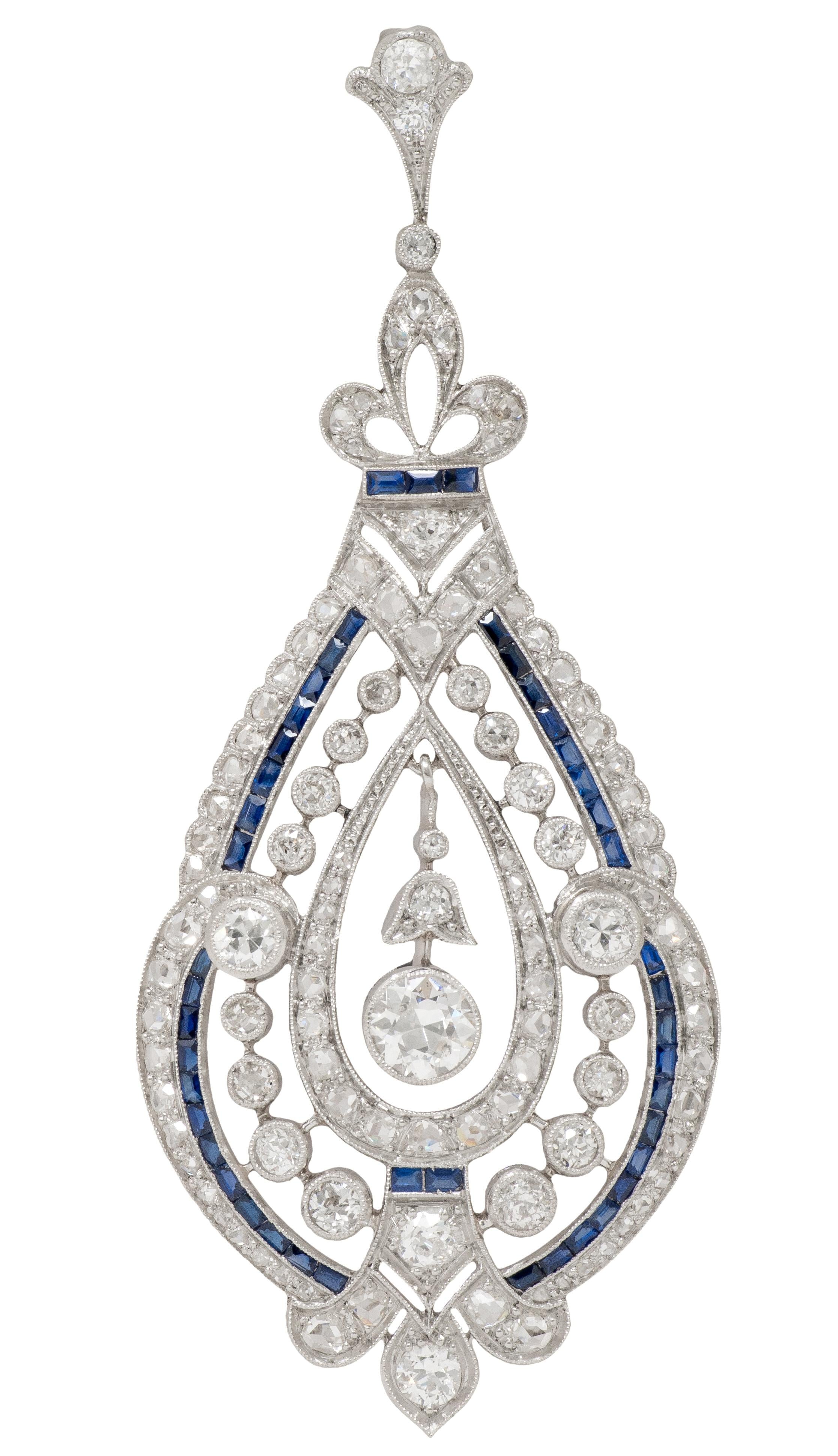 Art Deco French 3.80 CTW Diamond Sapphire Platinum Vintage Fleur-De-Lis Pendant