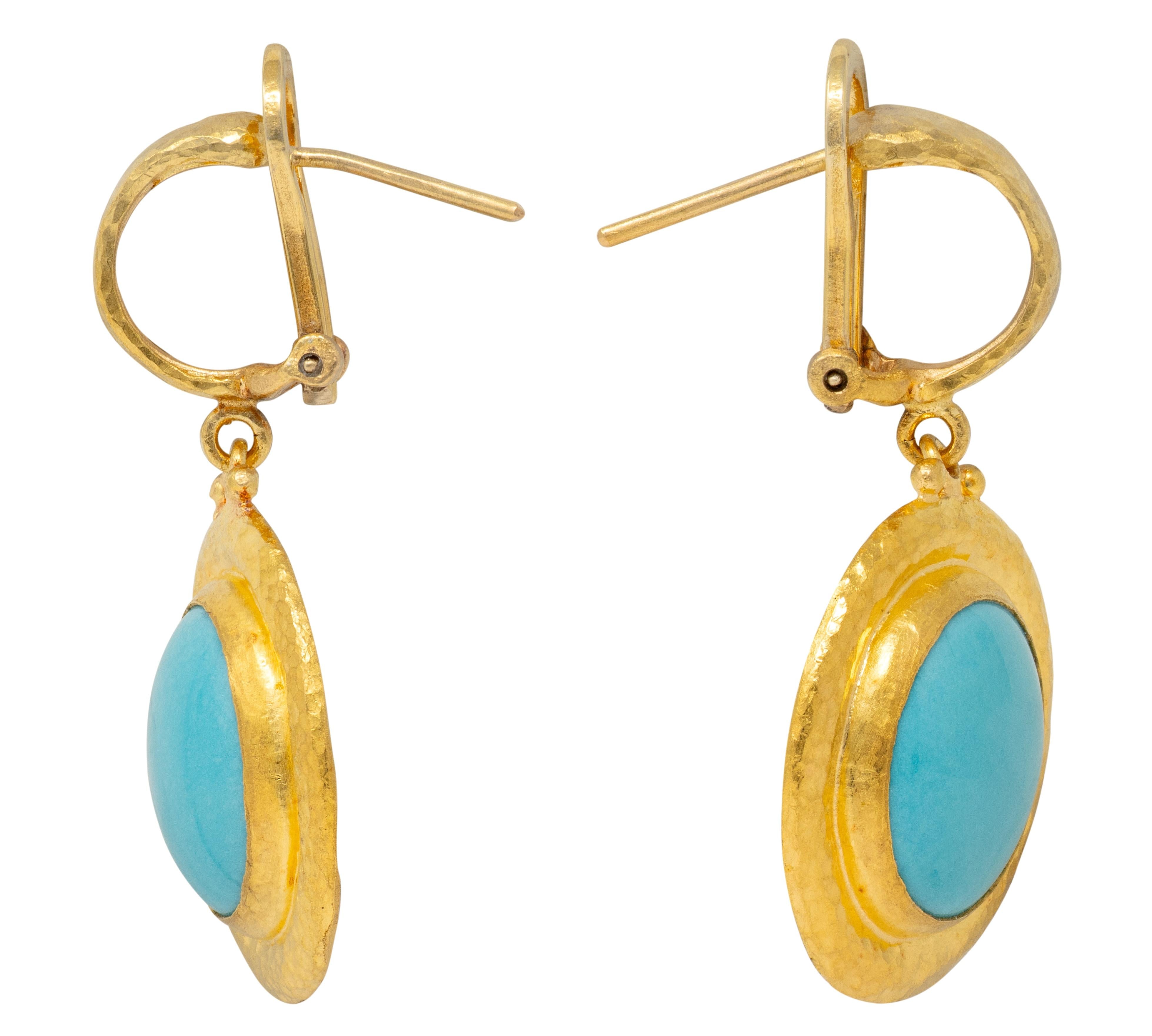 Gurhan 2000's Turquoise 22 Karat Yellow Gold Hammered Gemstone Drop Earrings