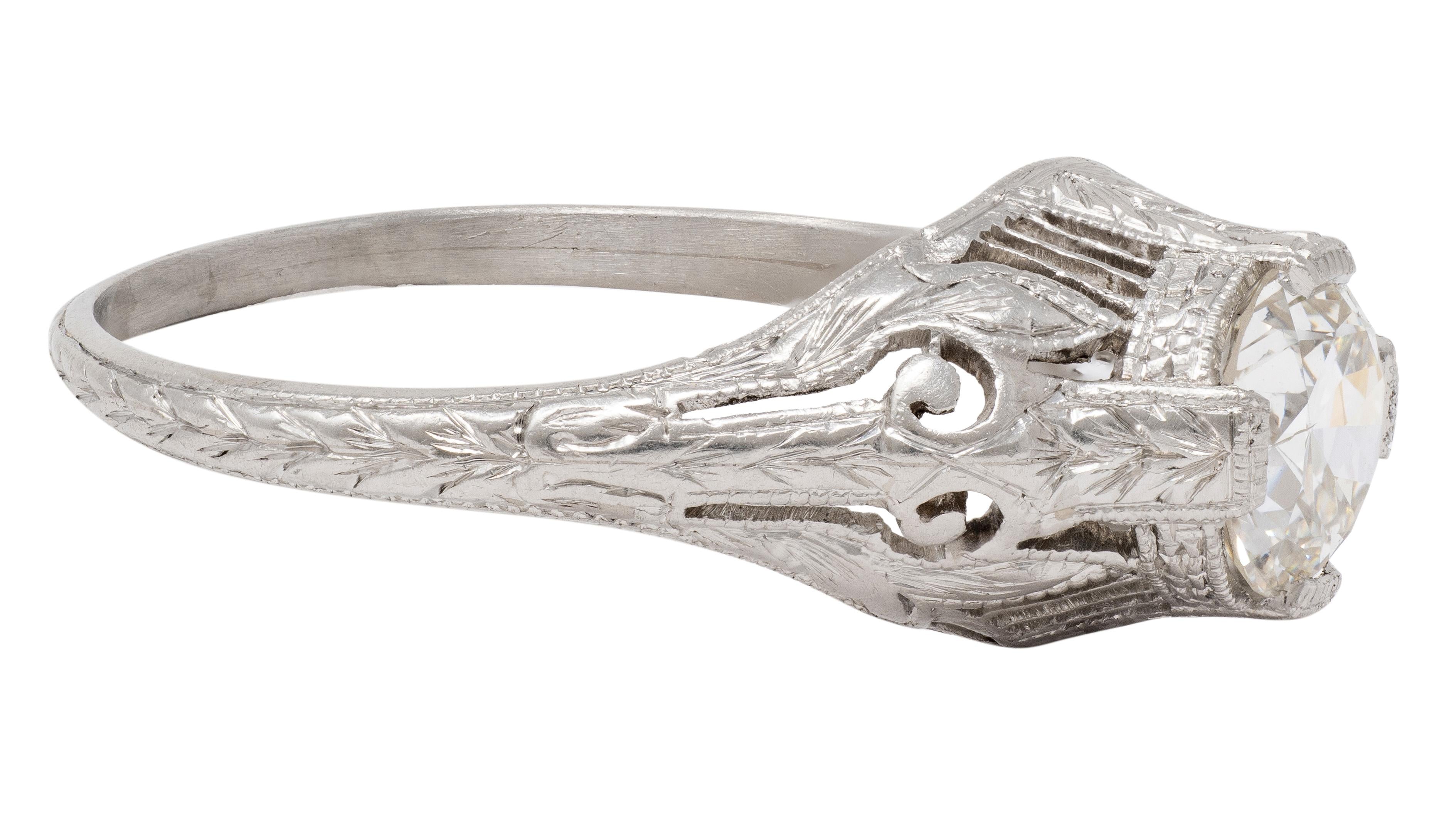 Art Deco Old European Diamond Platinum Vintage Scrolling Wheat Engagement Ring