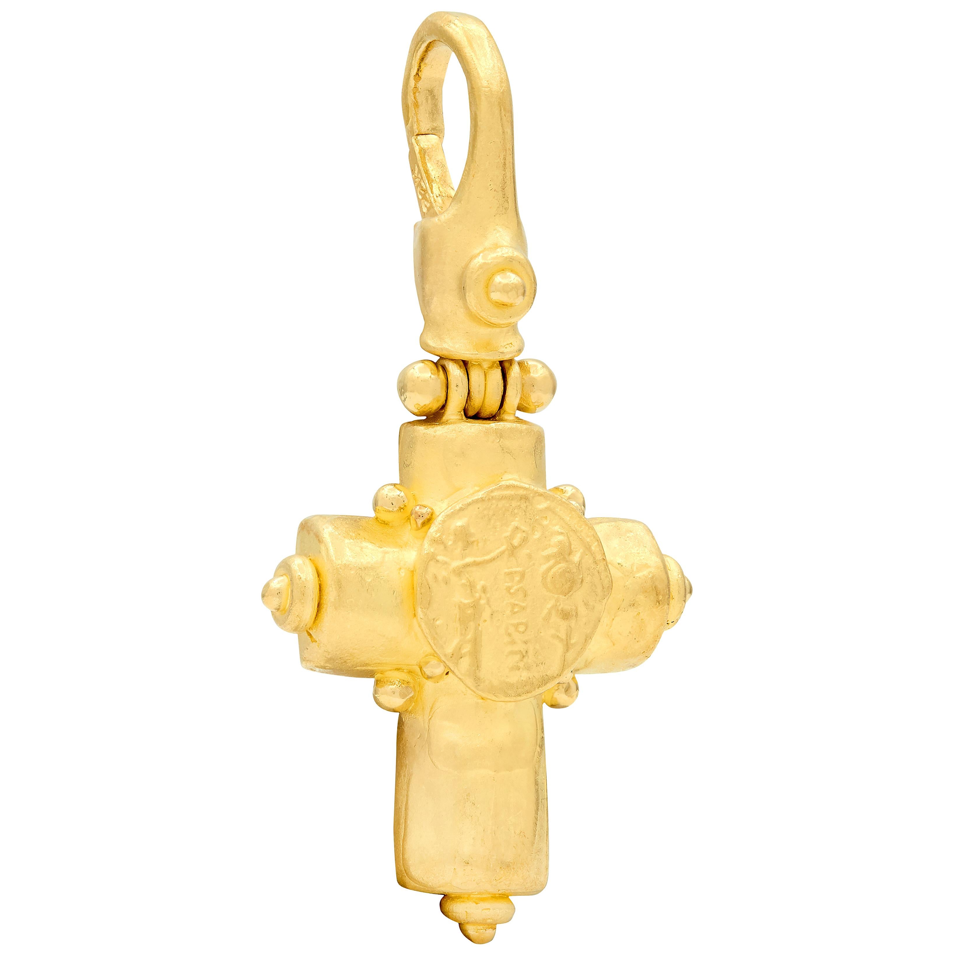 Denise Roberge 1990's 22 Karat Yellow Gold Vintage Ancient Coin Cross Pendant
