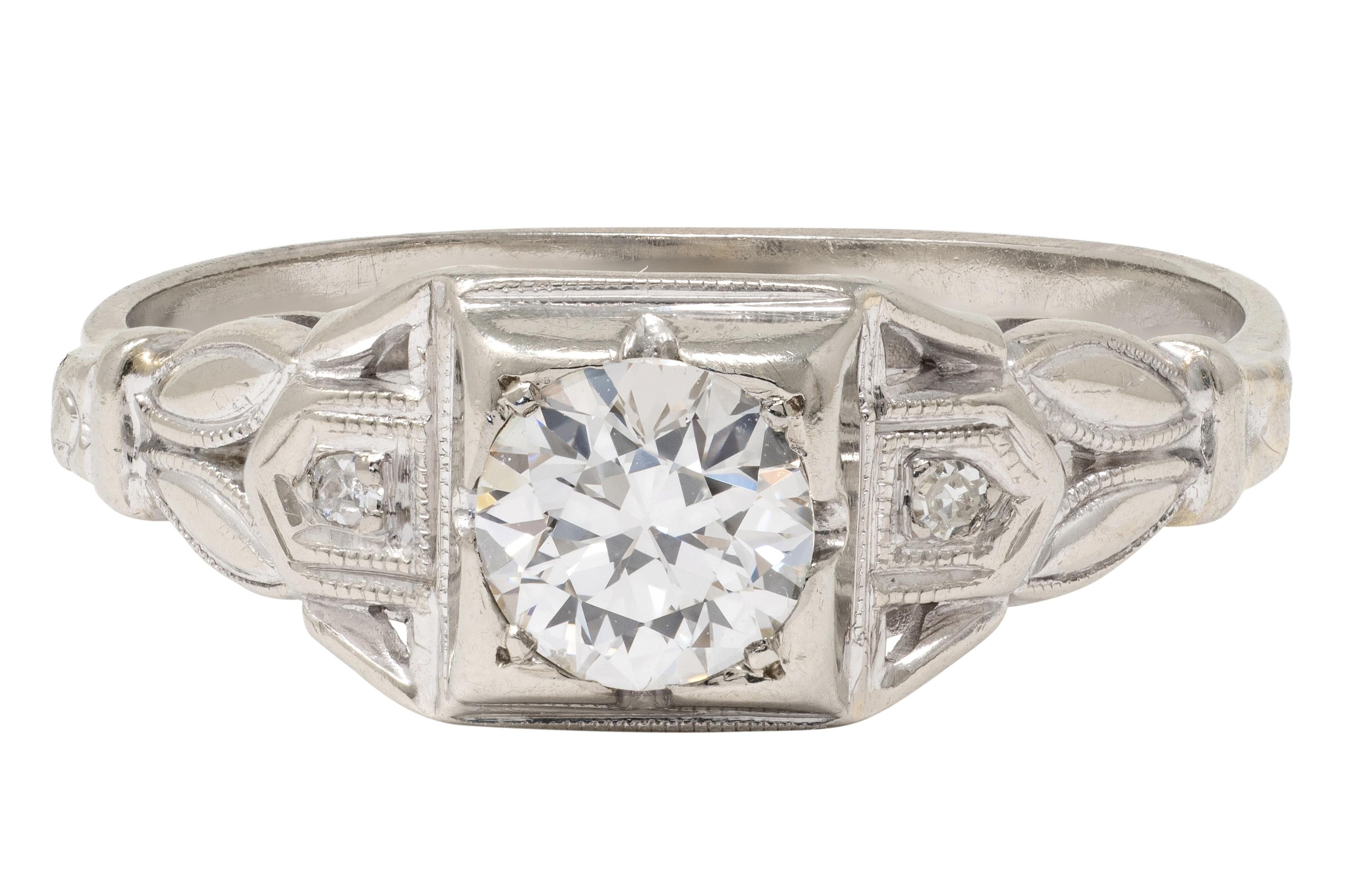 Art Deco Old European Cut Diamond 18K White Gold Vintage Foliate Engagement Ring