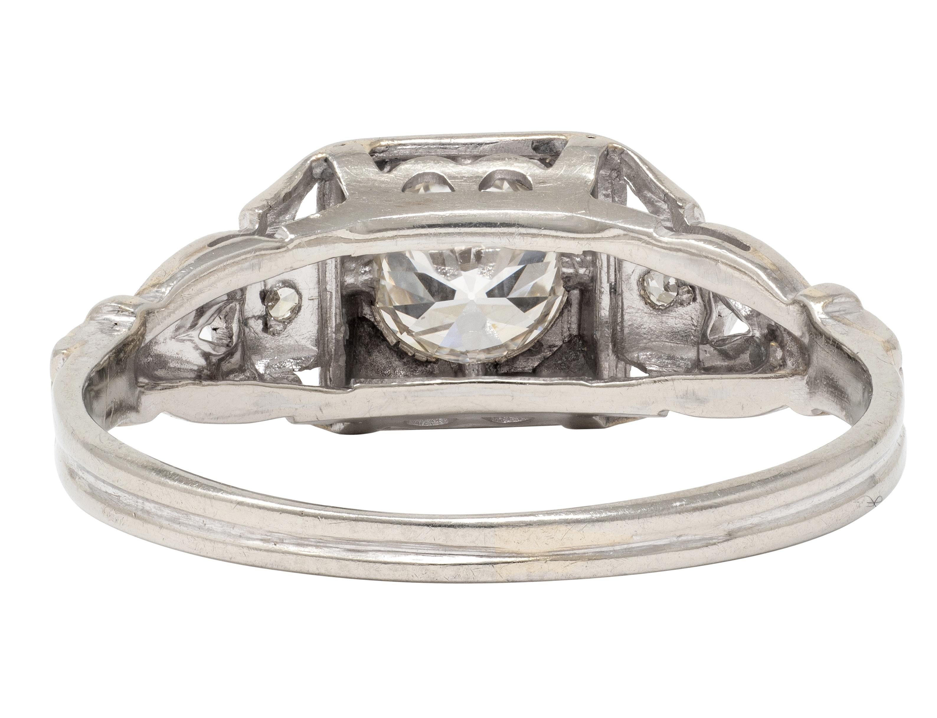 Art Deco Old European Cut Diamond 18K White Gold Vintage Foliate Engagement Ring