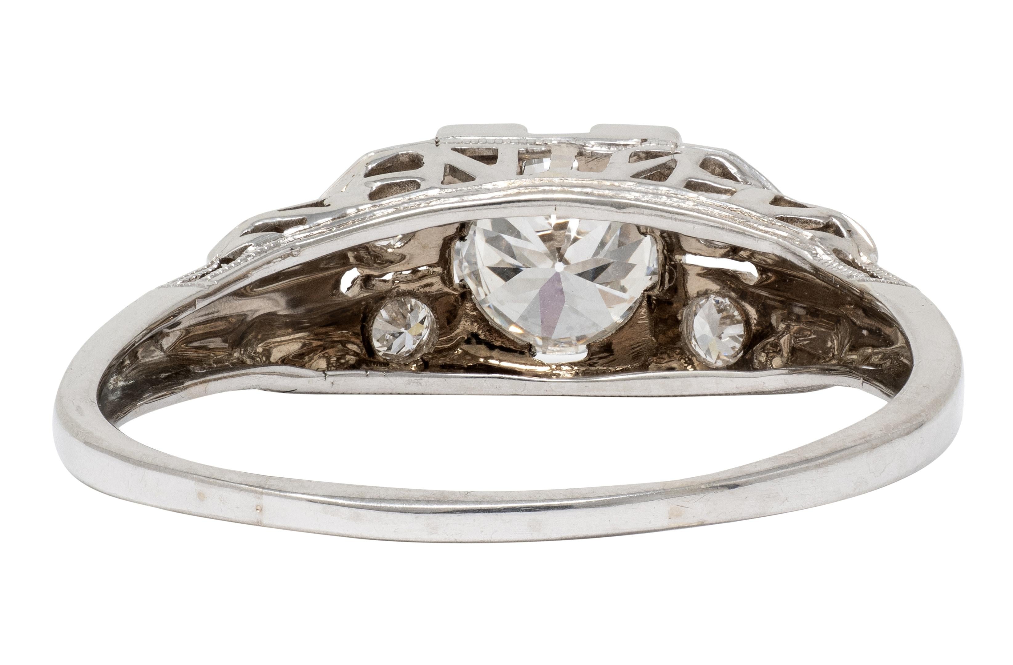 Art Deco Old European Diamond 18K White Gold Vintage Stepped Engagement Ring
