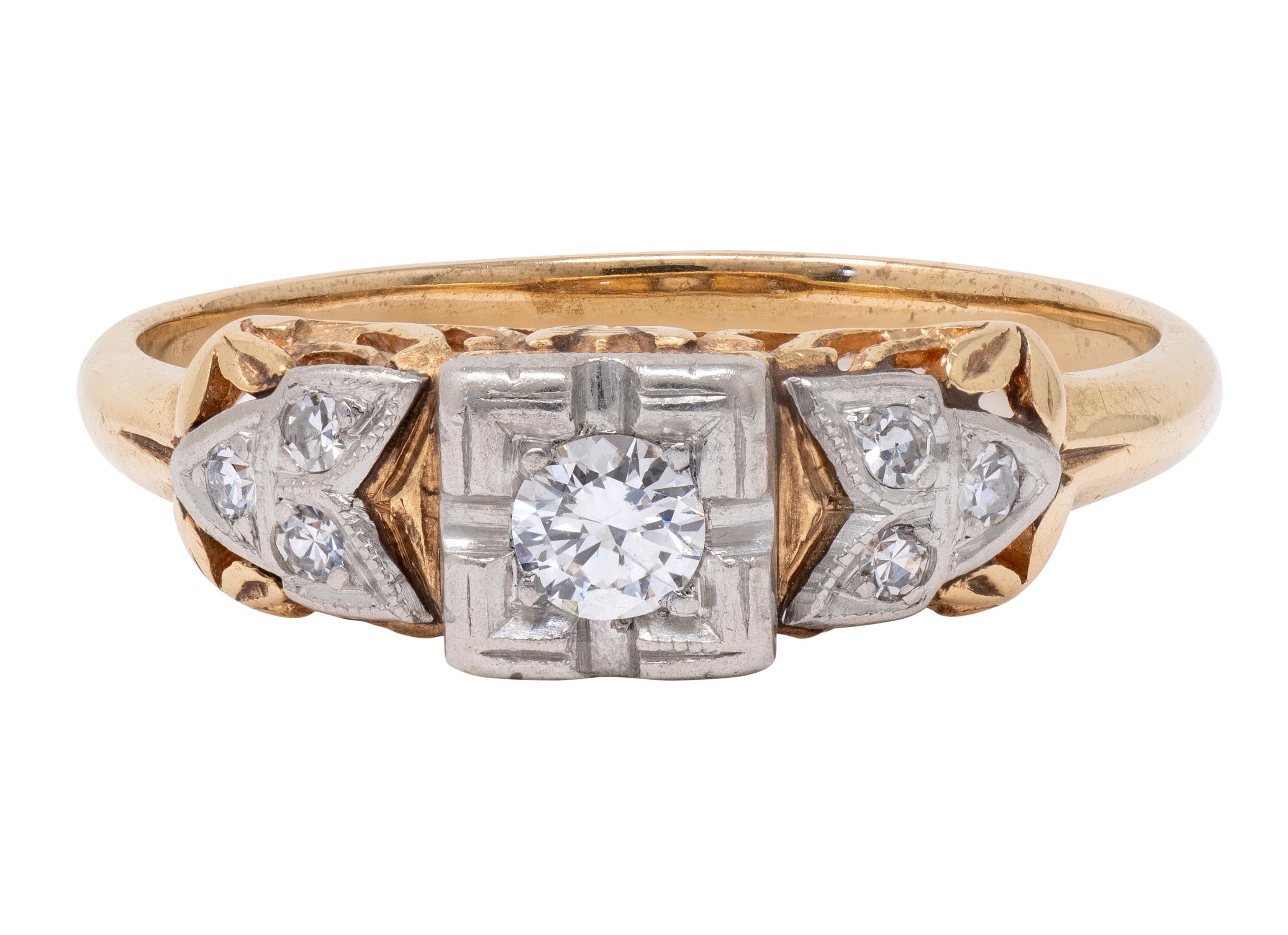 Art Deco Old European Diamond 14K Gold Platinum Antique Foliate Engagement Ring