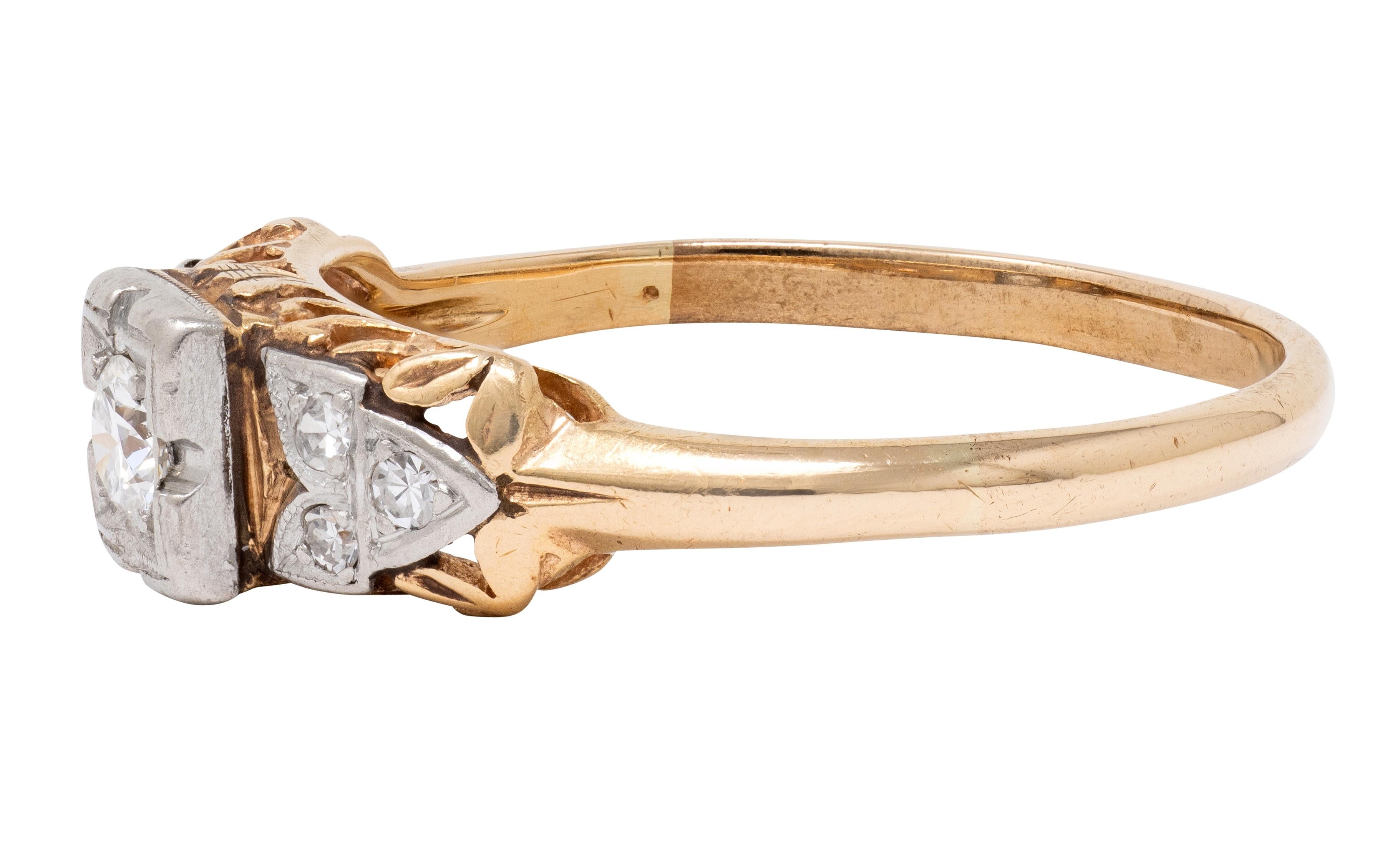 Art Deco Old European Diamond 14K Gold Platinum Antique Foliate Engagement Ring