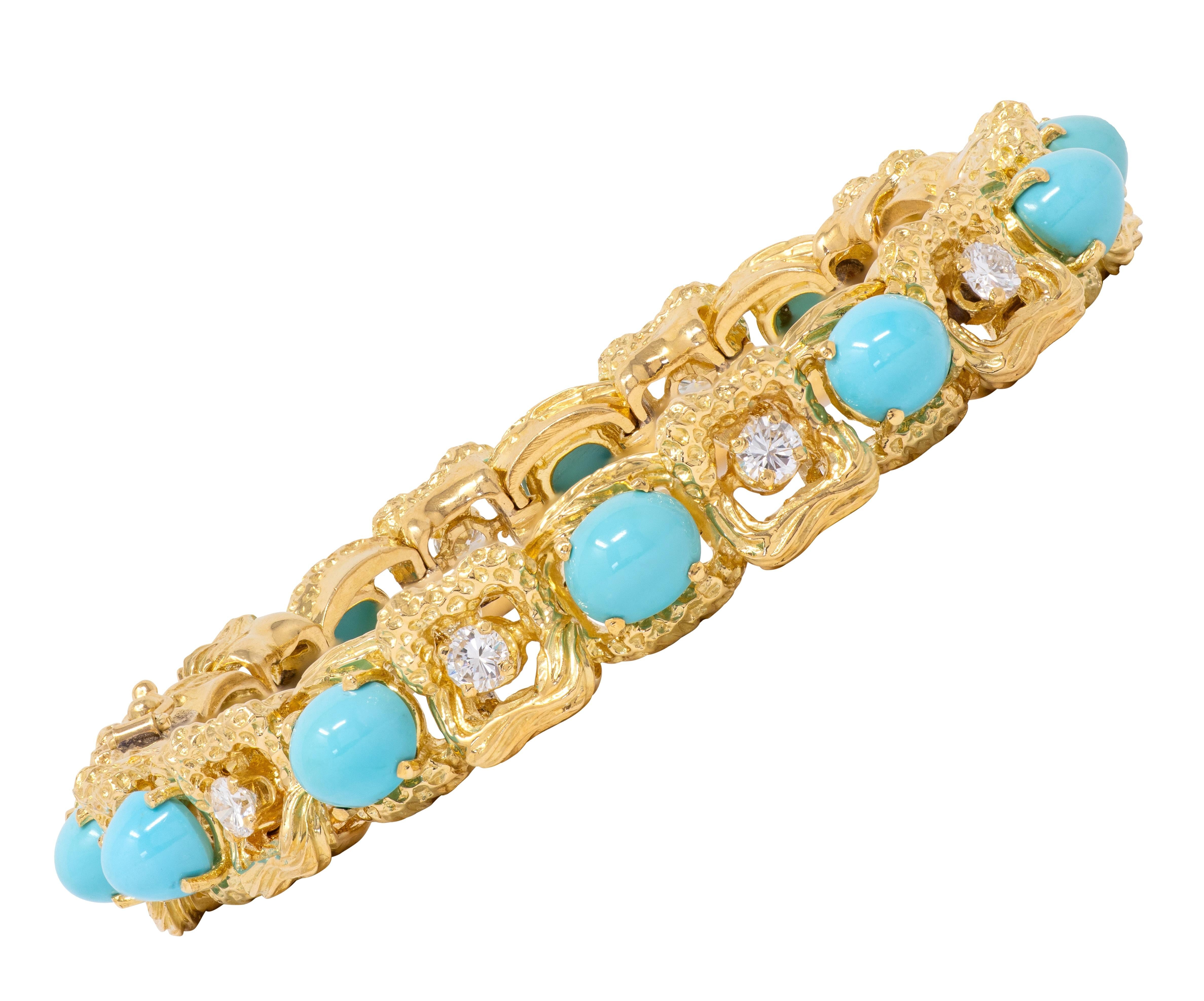 Vintage 1970's Diamond Turquoise 18 Karat Yellow Gold Link Bracelet