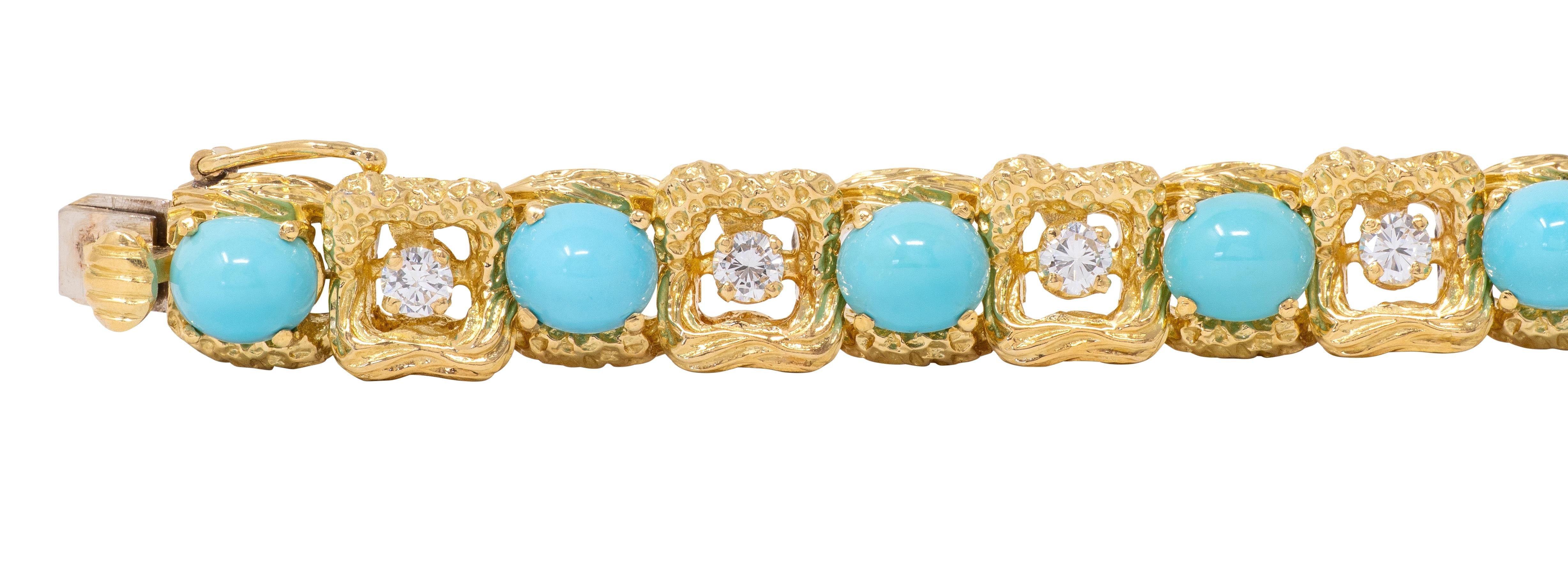 Vintage 1970's Diamond Turquoise 18 Karat Yellow Gold Link Bracelet