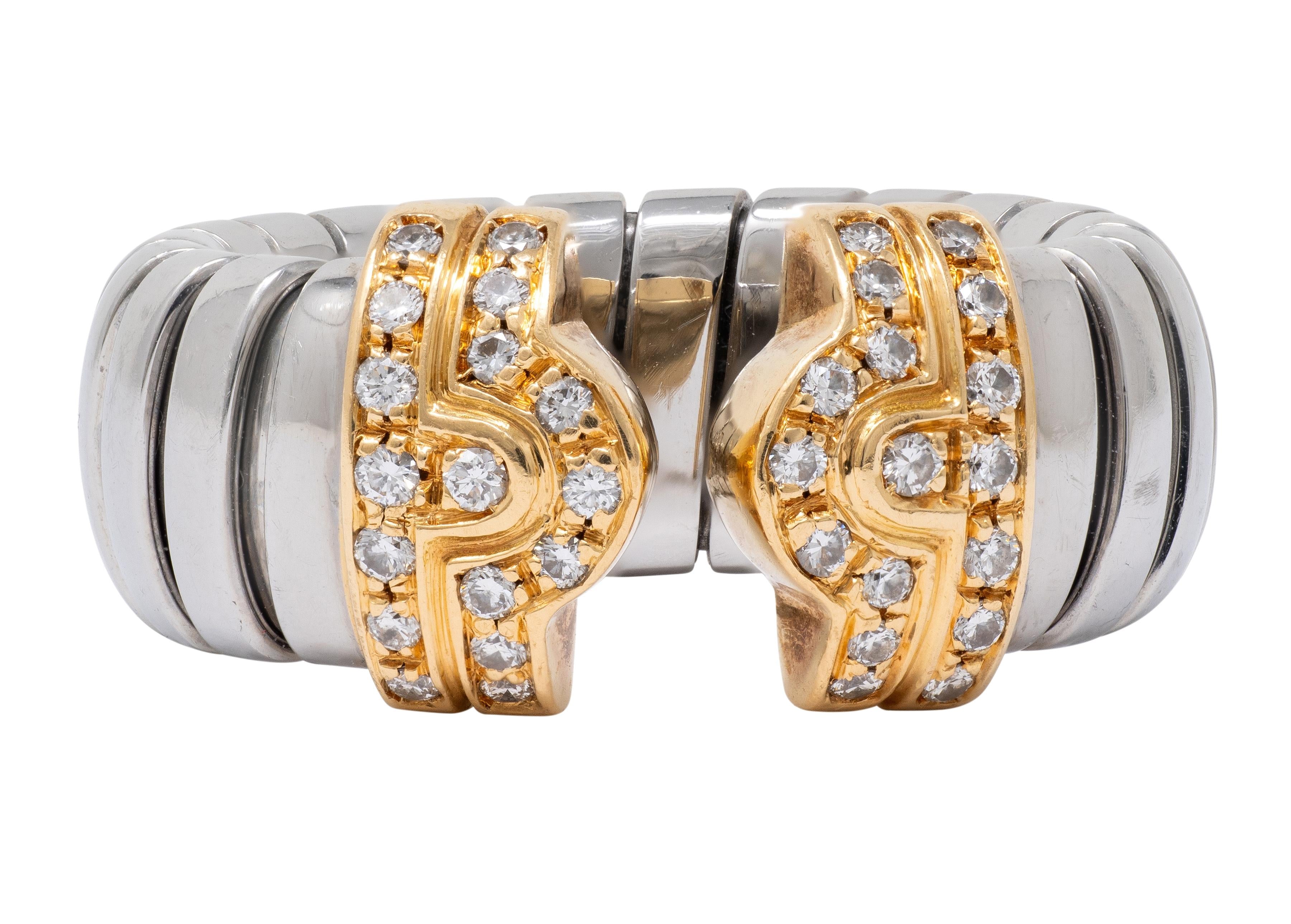 Bulgari 1990's Diamond 18K Gold Steel Vintage Parentesi Tubogas Omega Cuff Ring