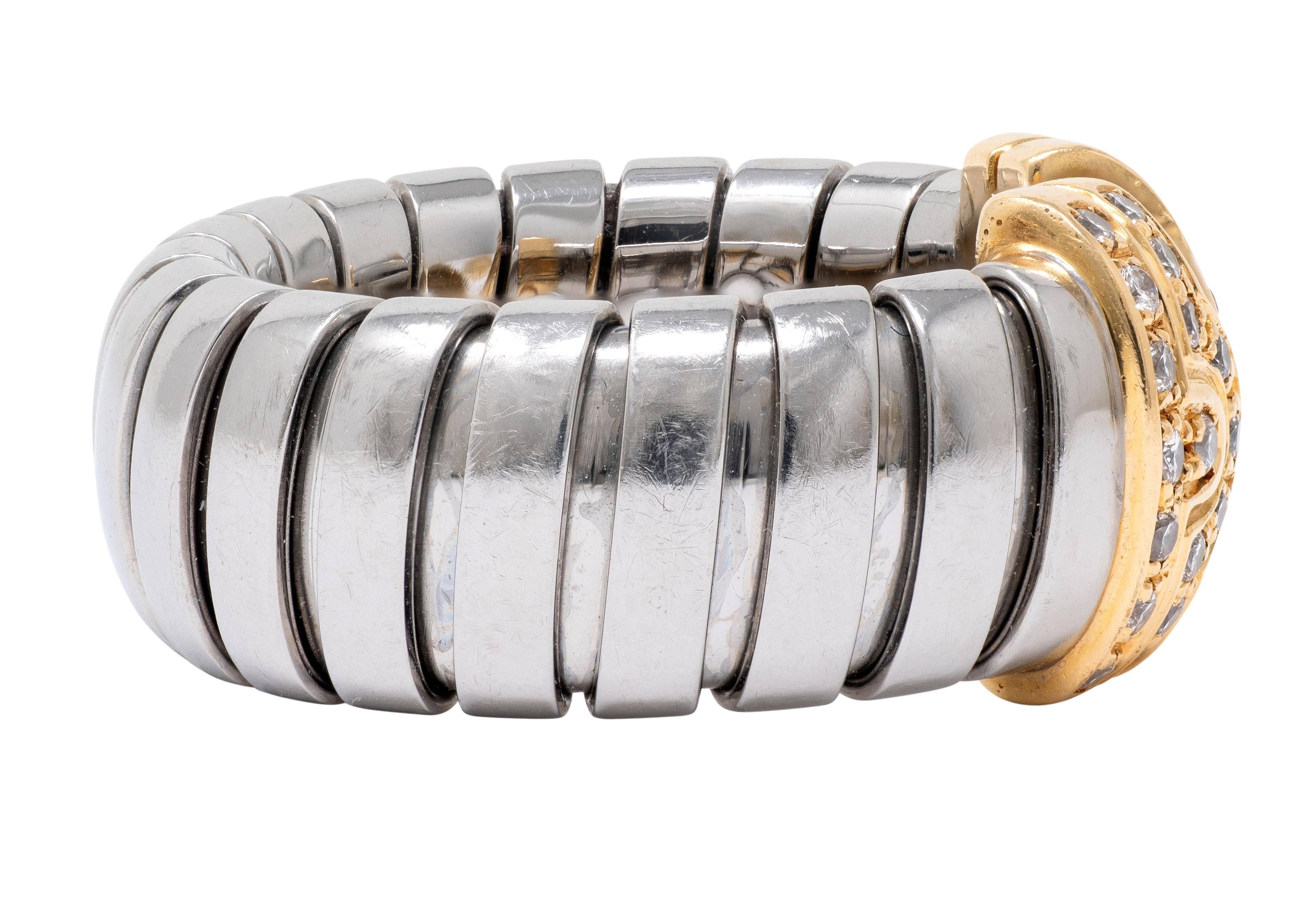Bulgari 1990's Diamond 18K Gold Steel Vintage Parentesi Tubogas Omega Cuff Ring