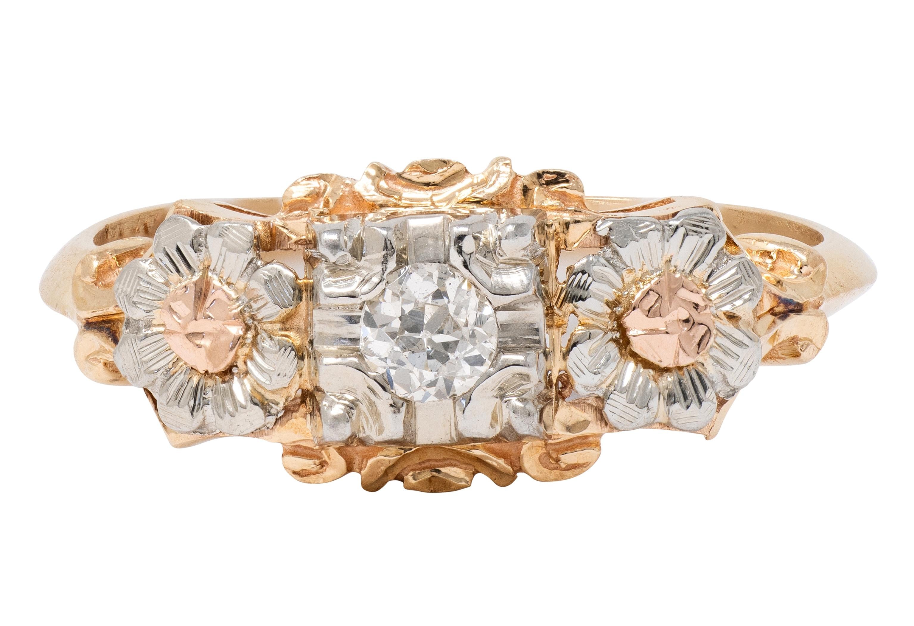Retro European Diamond 14 Karat Tri-Colored Gold Vintage Floral Engagement Ring