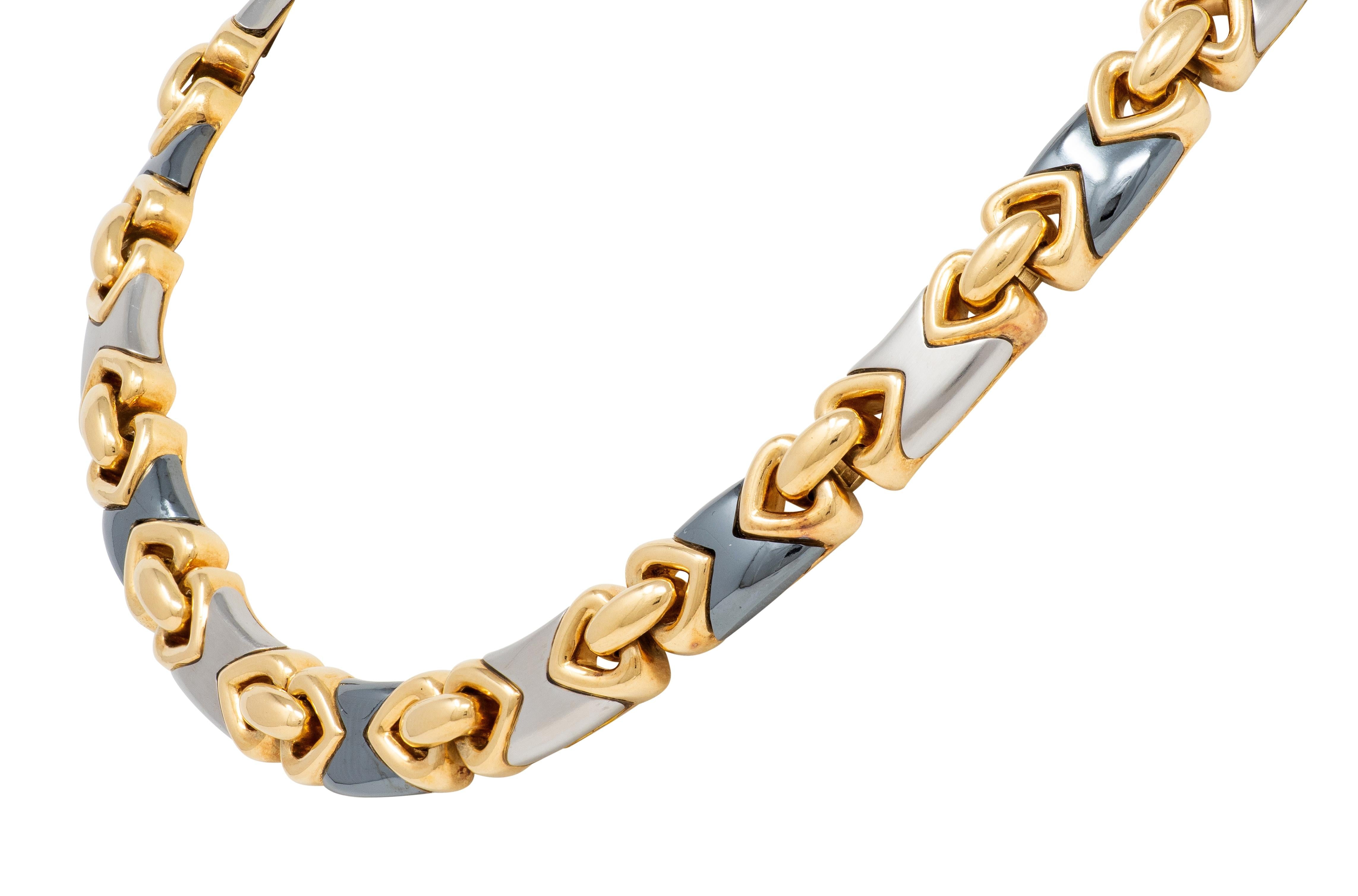 Bulgari 1980's 18 Karat Yellow Gold Hematite Steel Vintage Doppio Cuore Necklace