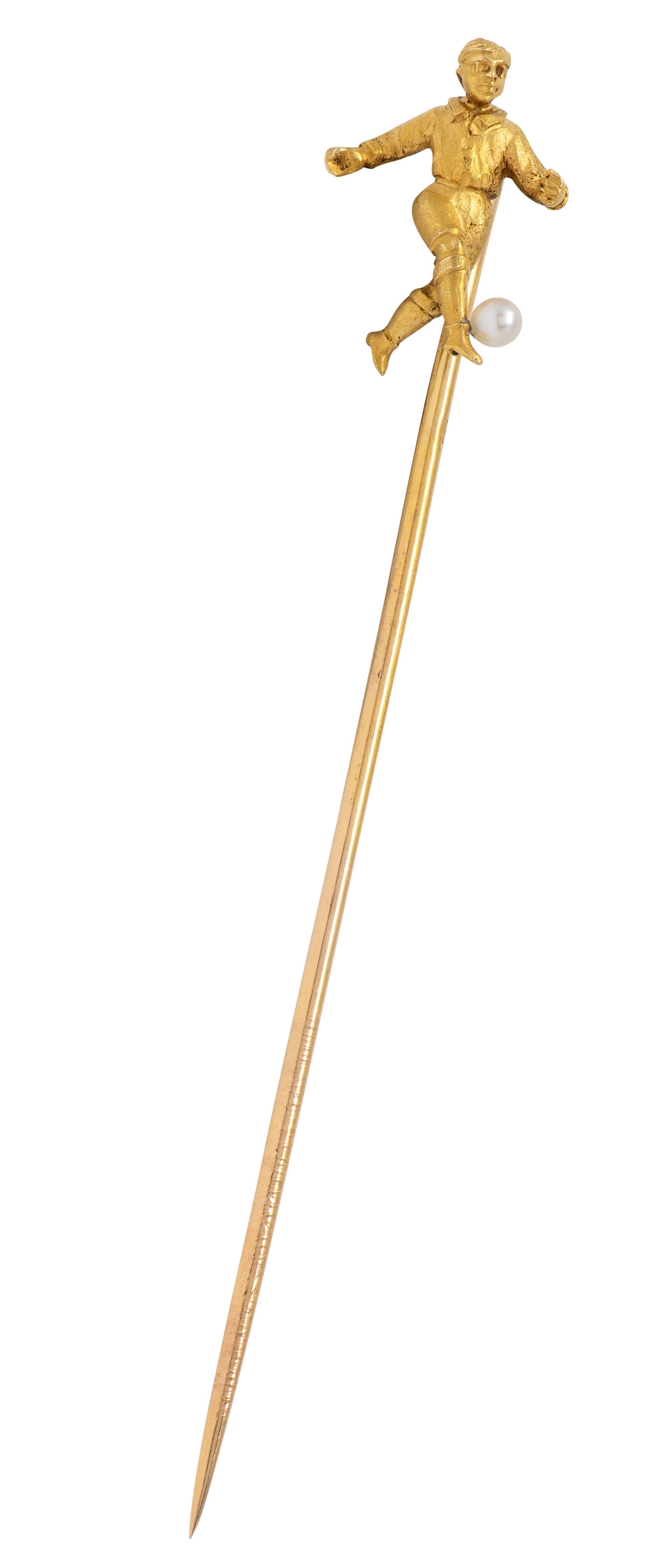 French Edwardian Pearl 18 Karat Yellow Gold Antique Soccer Stickpin