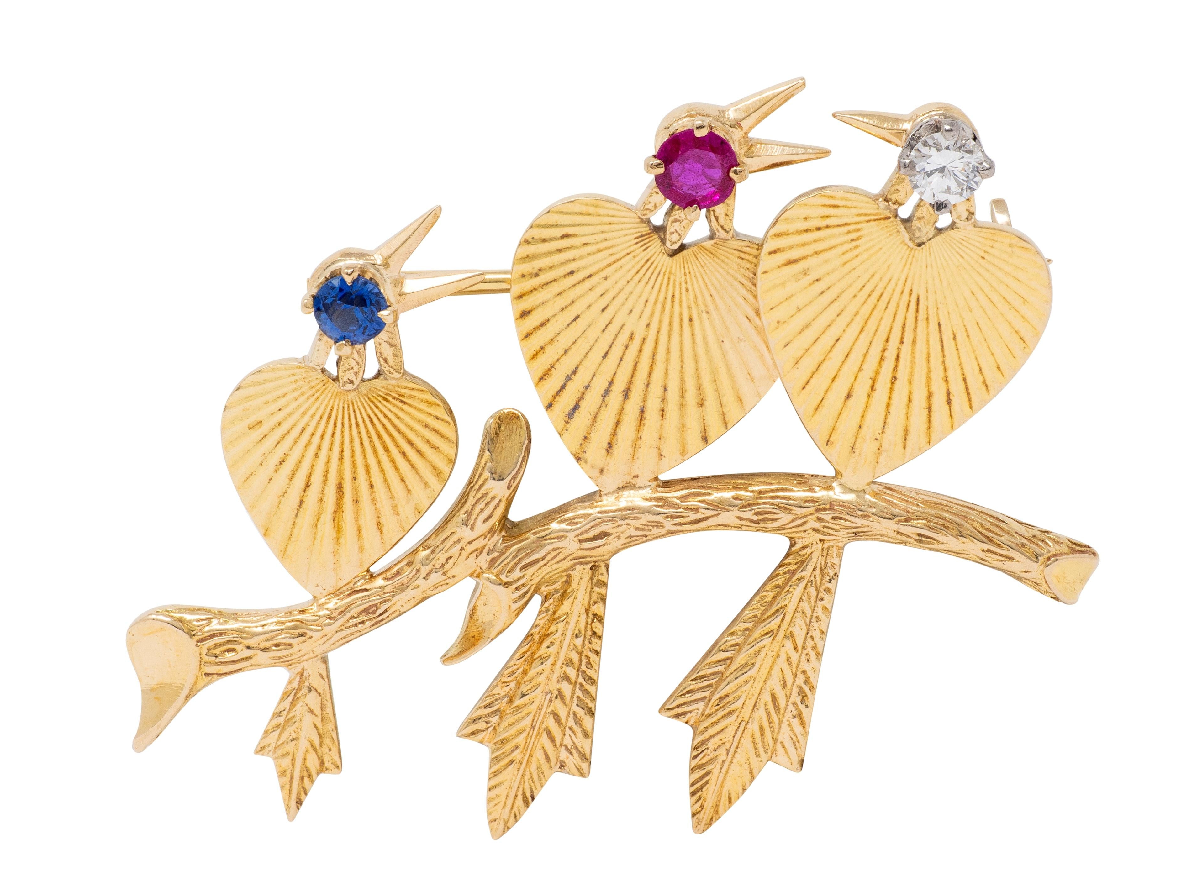 Bailey Banks & Biddle Mid-Century Multi-Gem 14K Gold Vintage Heart Birds Brooch