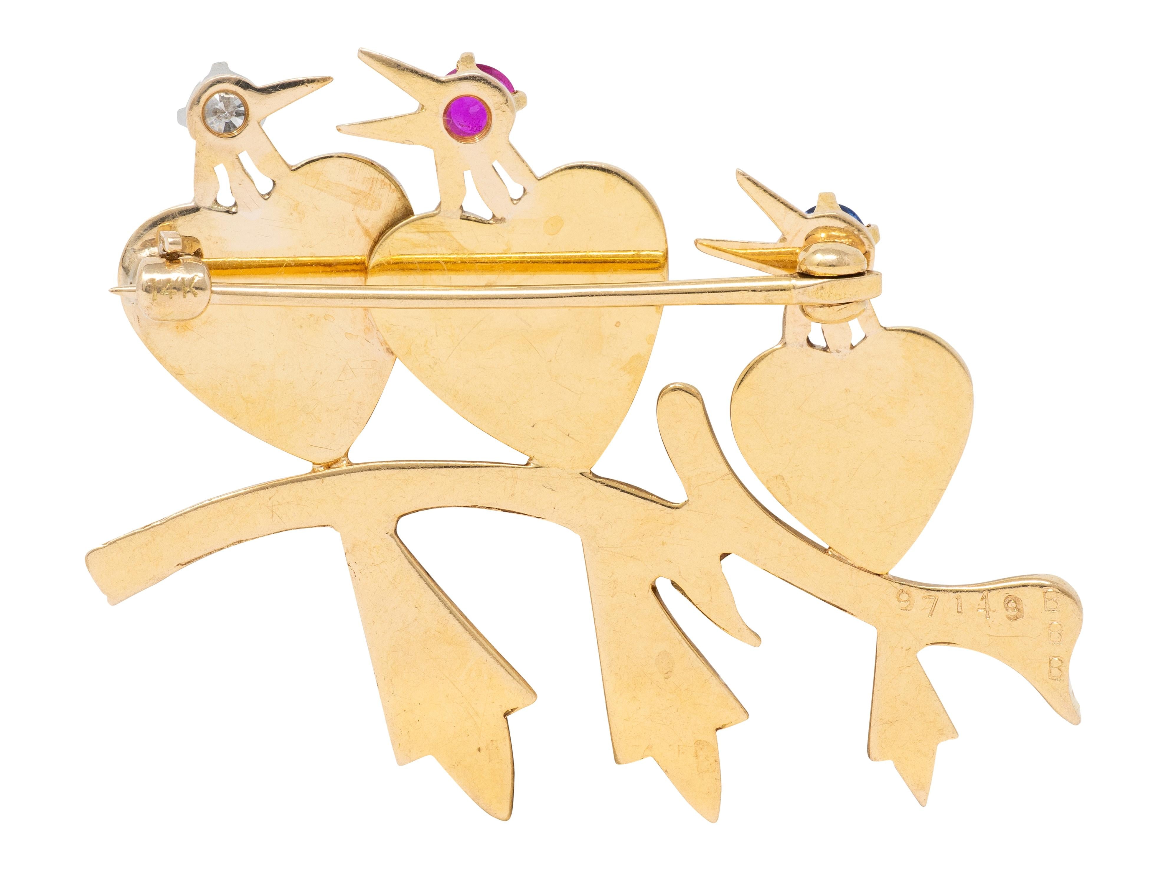 Bailey Banks & Biddle Mid-Century Multi-Gem 14K Gold Vintage Heart Birds Brooch
