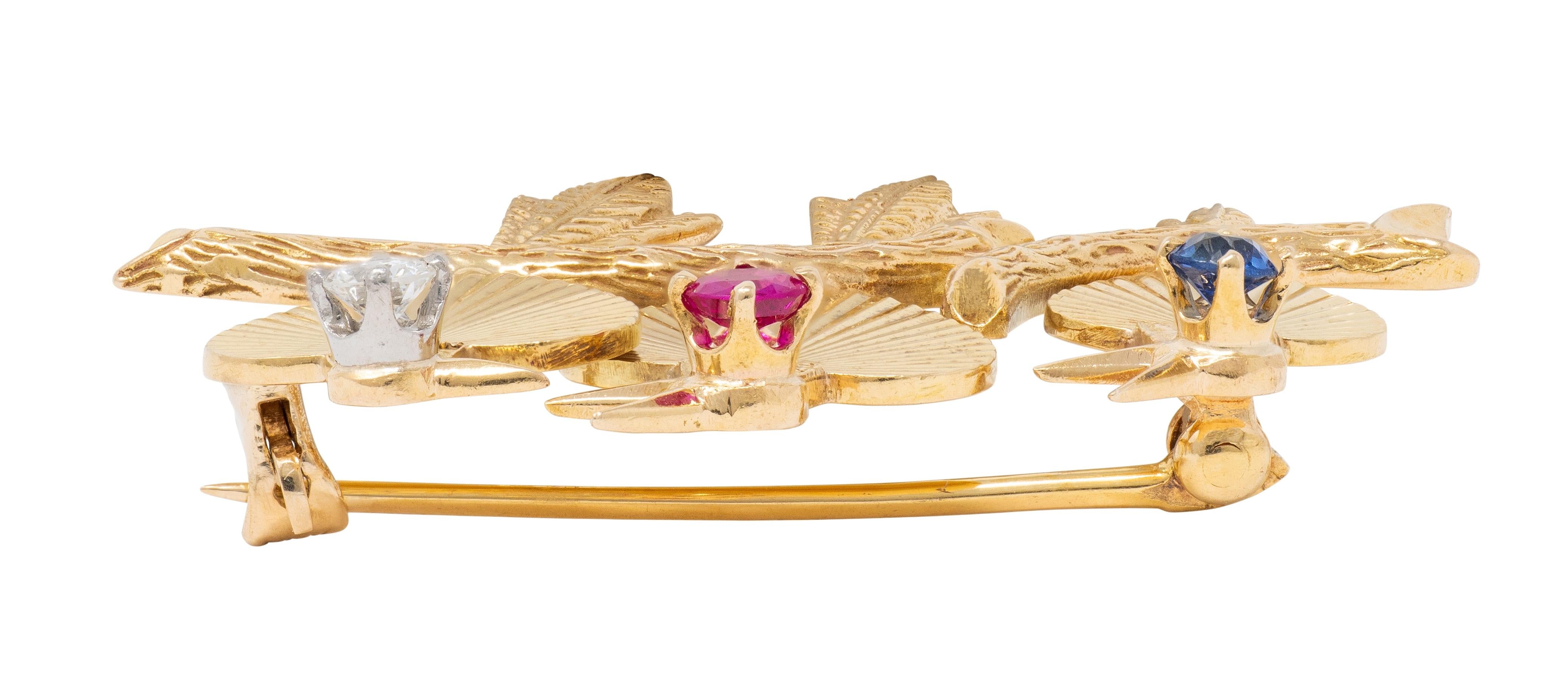 Bailey Banks & Biddle Mid-Century Multi-Gem 14K Gold Vintage Heart Birds Brooch