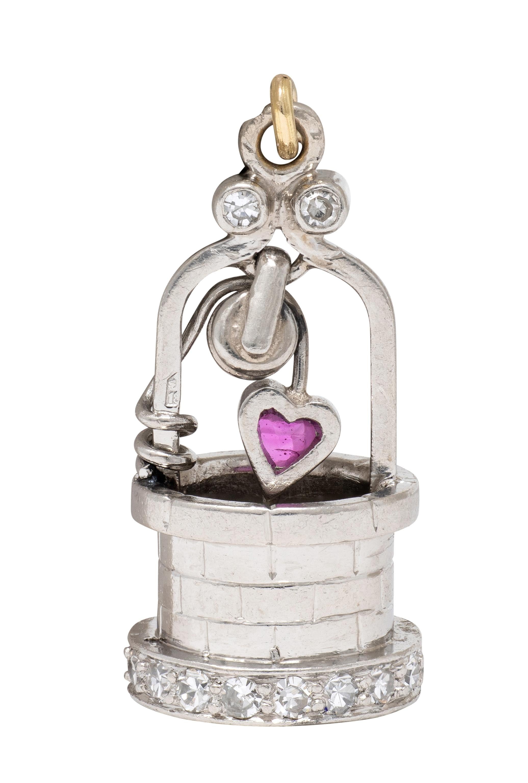 French Art Deco Diamond Ruby Platinum Vintage Heart Wishing Well Charm