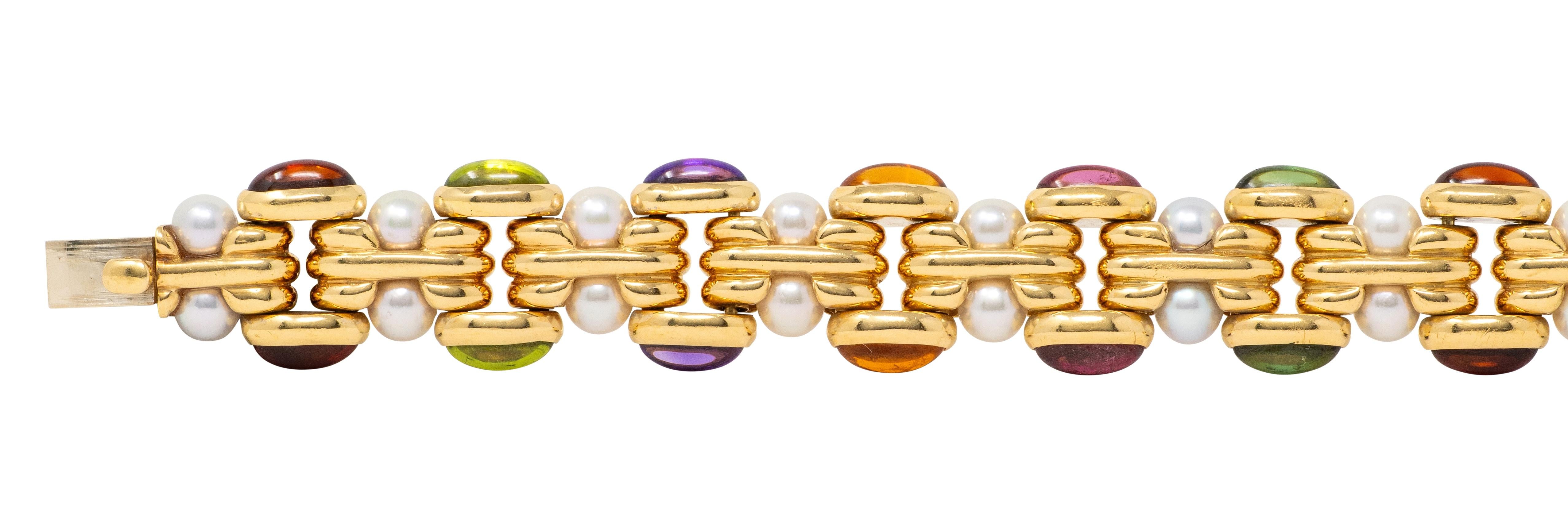 Bulgari 1980's Multi-Gem Citrine Pearl 18K Yellow Gold Vintage Link Bracelet