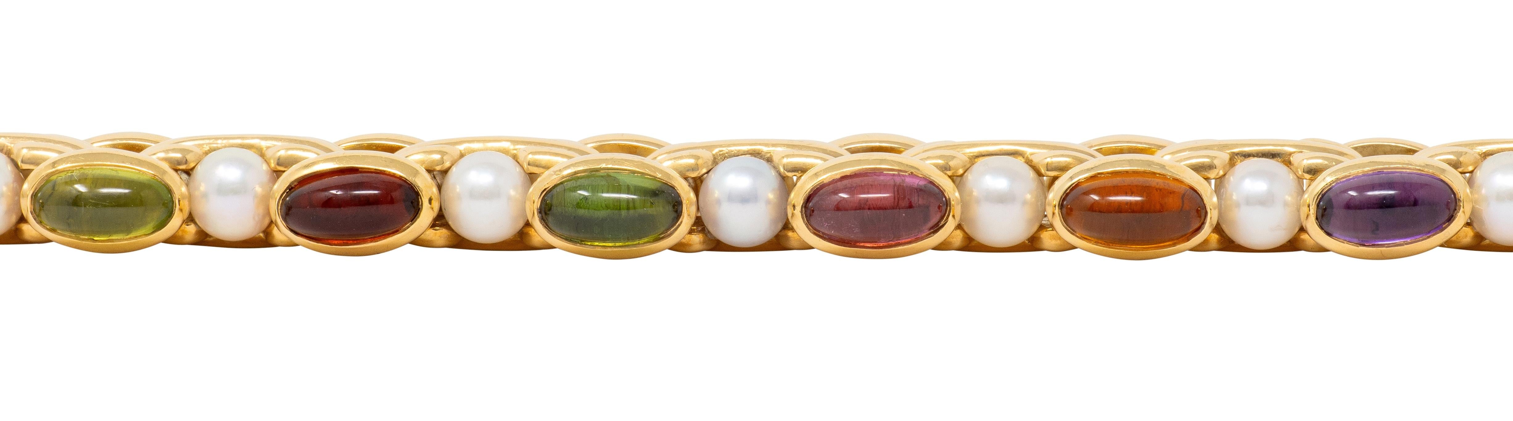 Bulgari 1980's Multi-Gem Citrine Pearl 18K Yellow Gold Vintage Link Bracelet