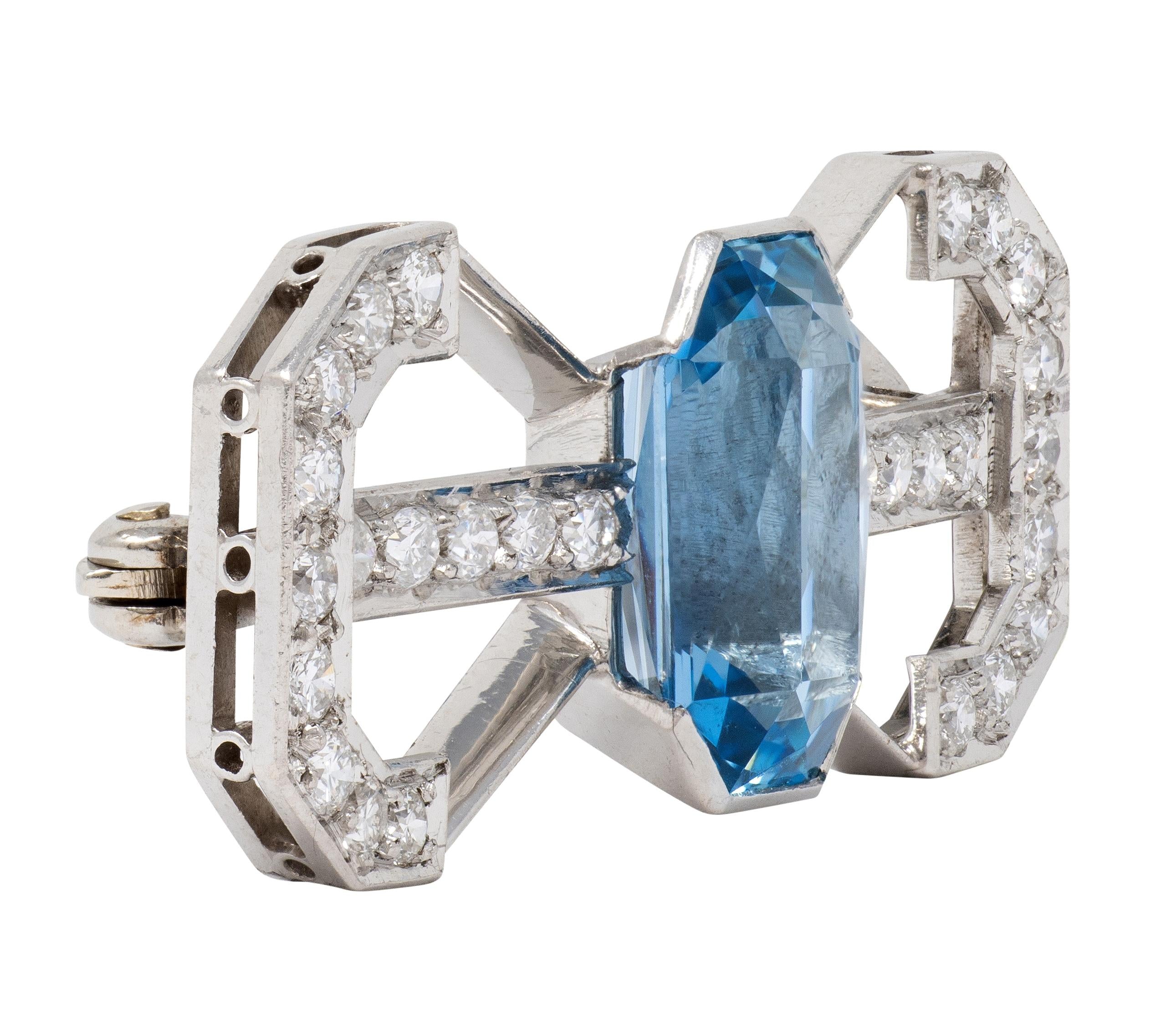 Art Deco 5.14 CTW Aquamarine Diamond Platinum Vintage Bow-Tie Brooch
