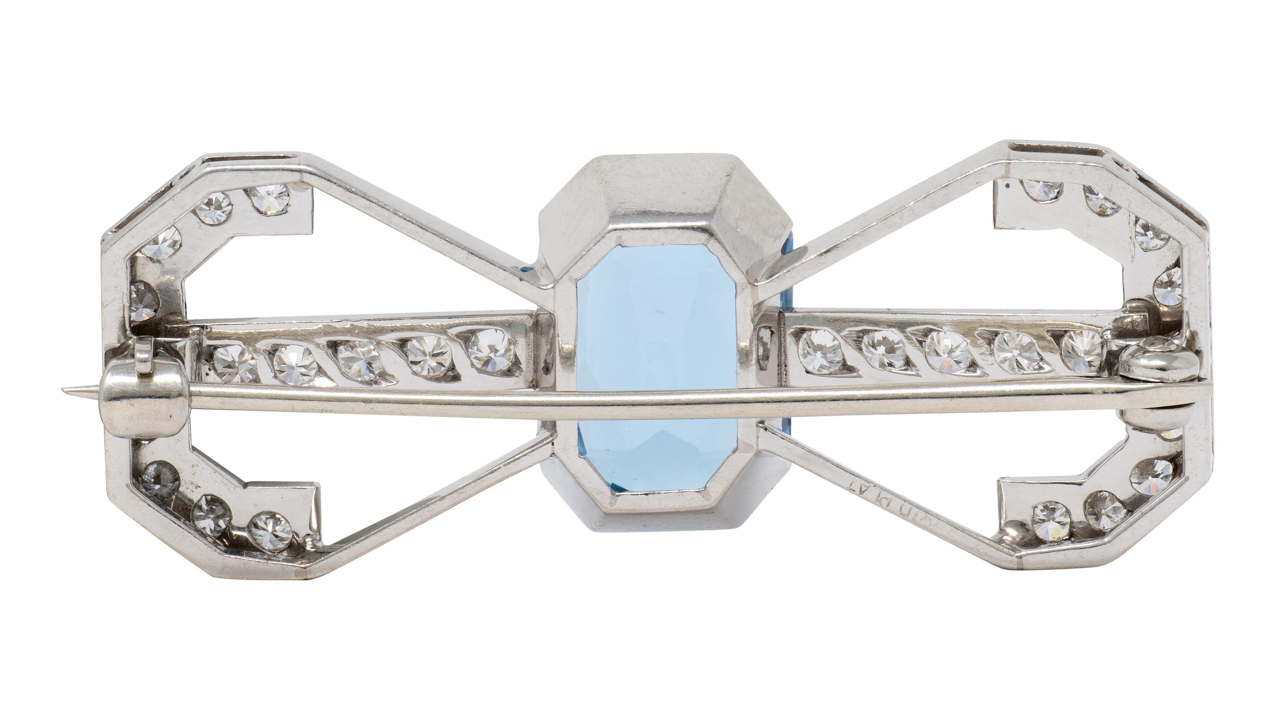 Art Deco 5.14 CTW Aquamarine Diamond Platinum Vintage Bow-Tie Brooch