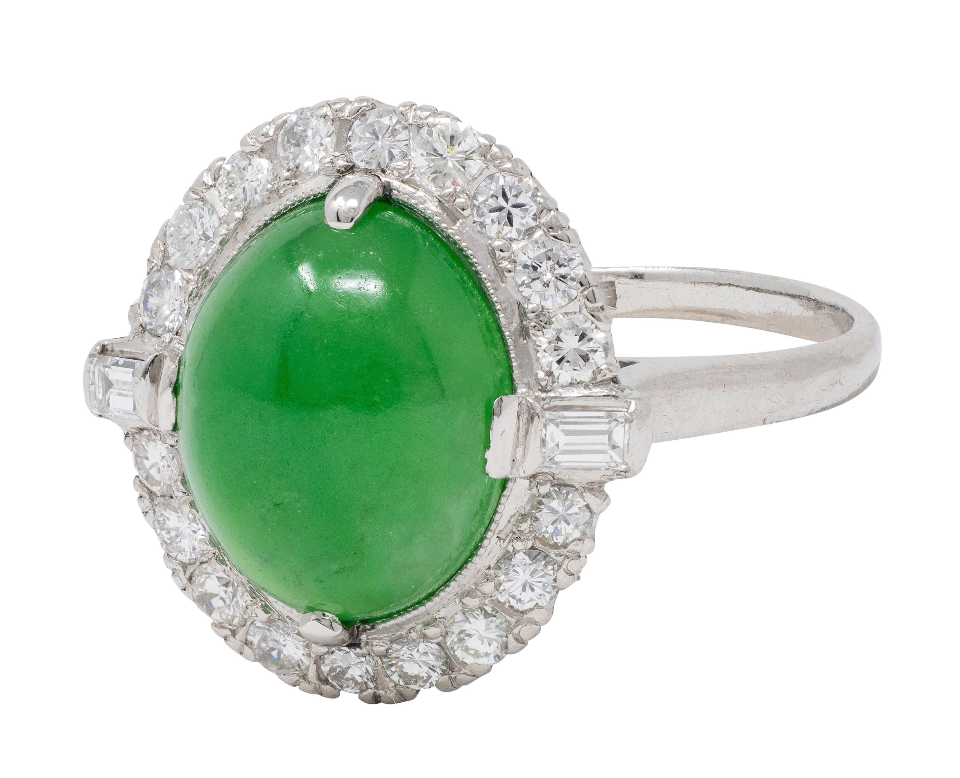 Mid-Century Jade Diamond Platinum Vintage Halo Cocktail Ring
