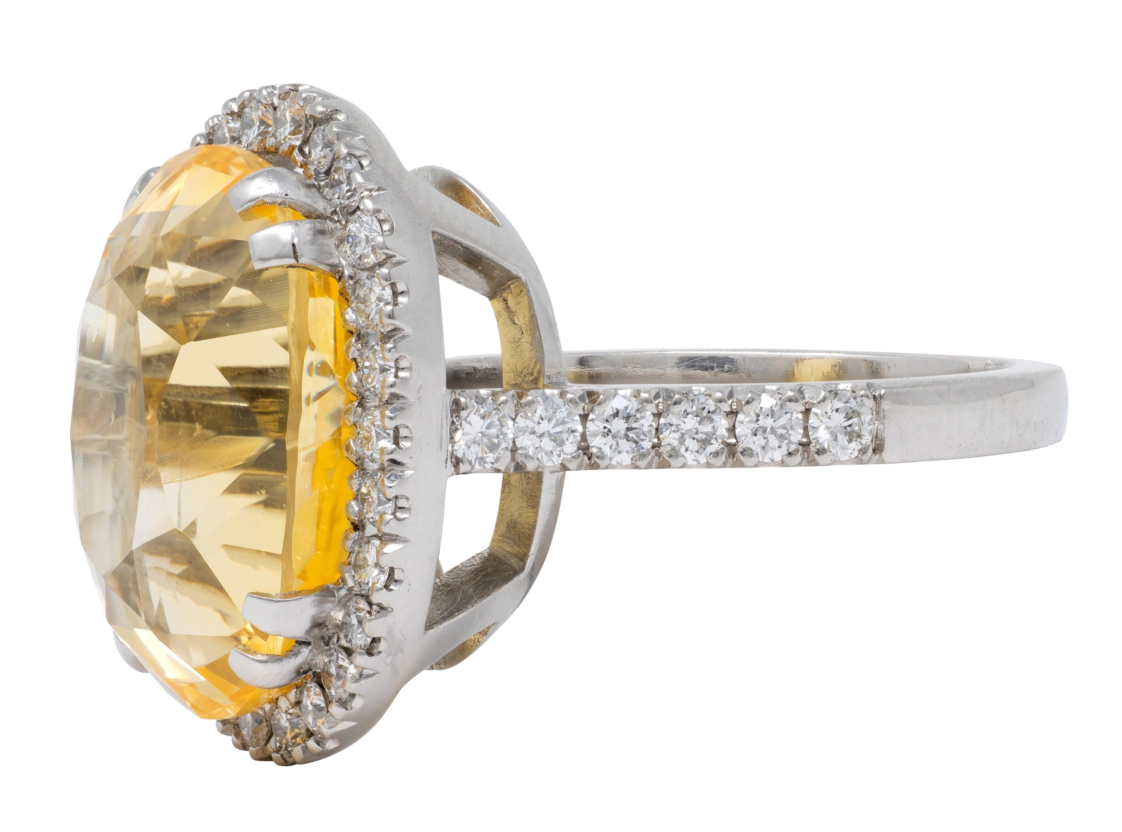 Contemporary No Heat Yellow Ceylon Sapphire Diamond Platinum Halo Ring GIA