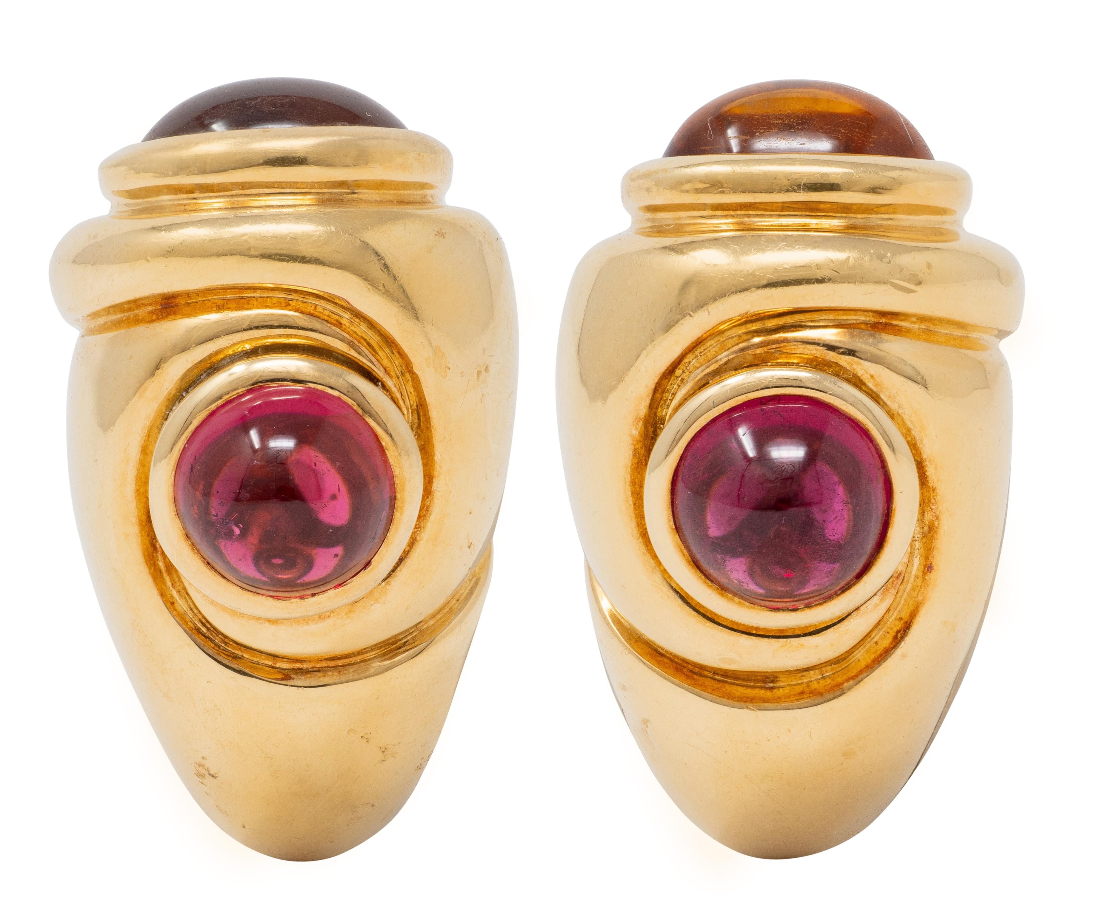 Bulgari 1980's Multi-Gem 18K Gold Vintage Passo Doppio J-Hoop Ear-Clip Earrings