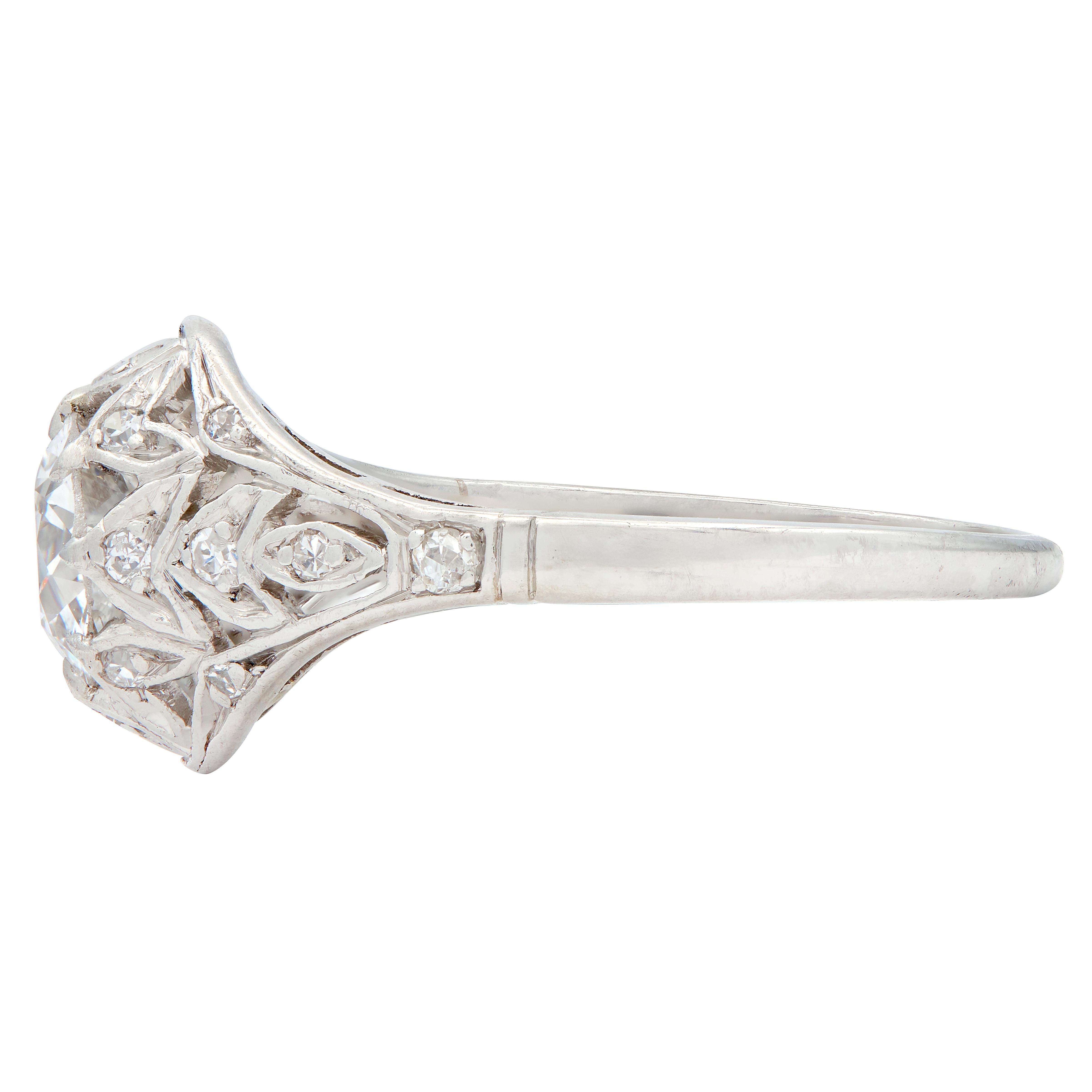 Art Deco 1.39 CTW Diamond Platinum Foliate Vintage Engagement Ring GIA