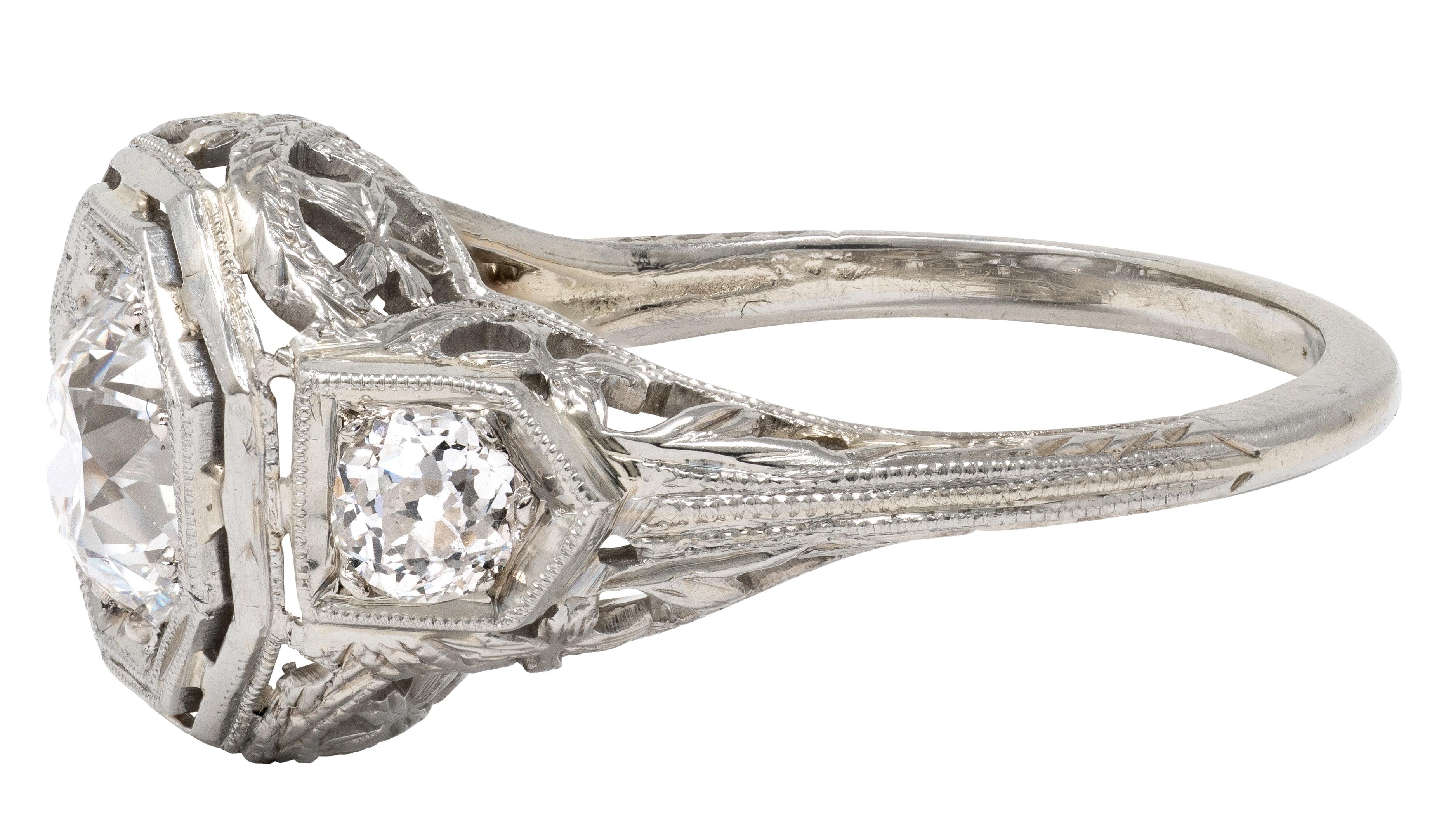 Art Deco Old European Diamond 18 Karat White Gold Vintage Engagement Ring GIA