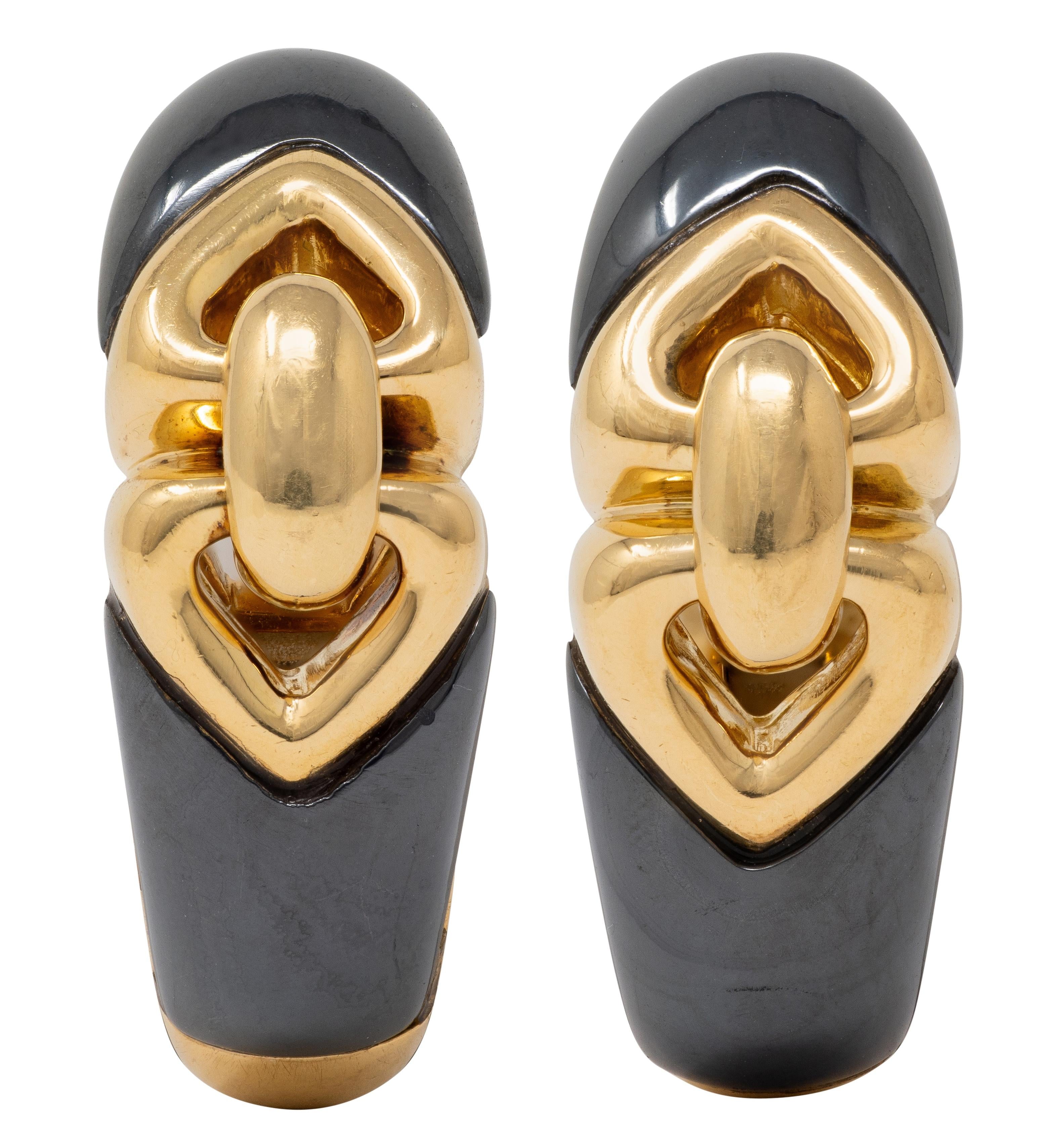 Bulgari 1980's Hematite 18 Karat Yellow Gold Vintage Doppio Cuore Earrings