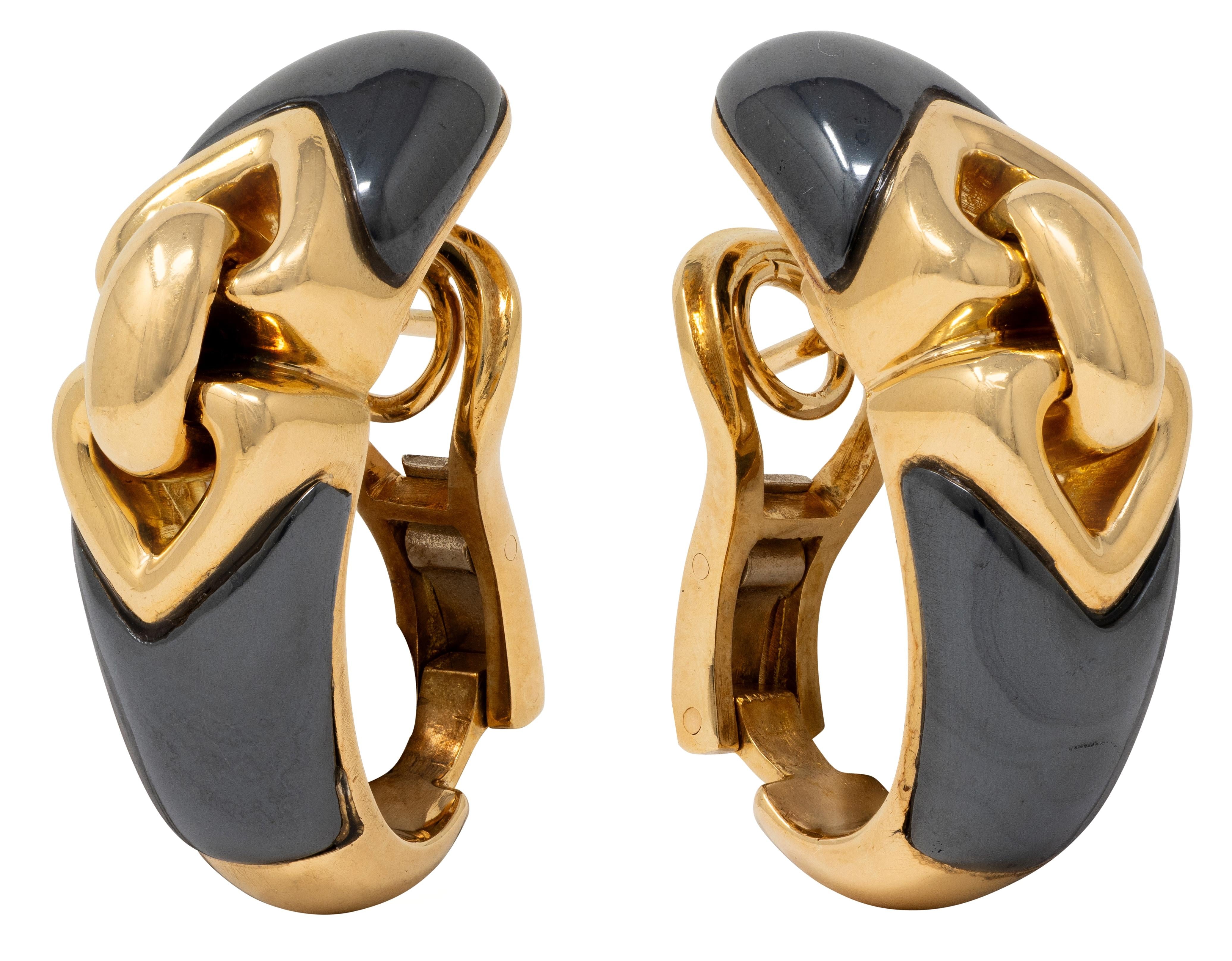 Bulgari 1980's Hematite 18 Karat Yellow Gold Vintage Doppio Cuore Earrings