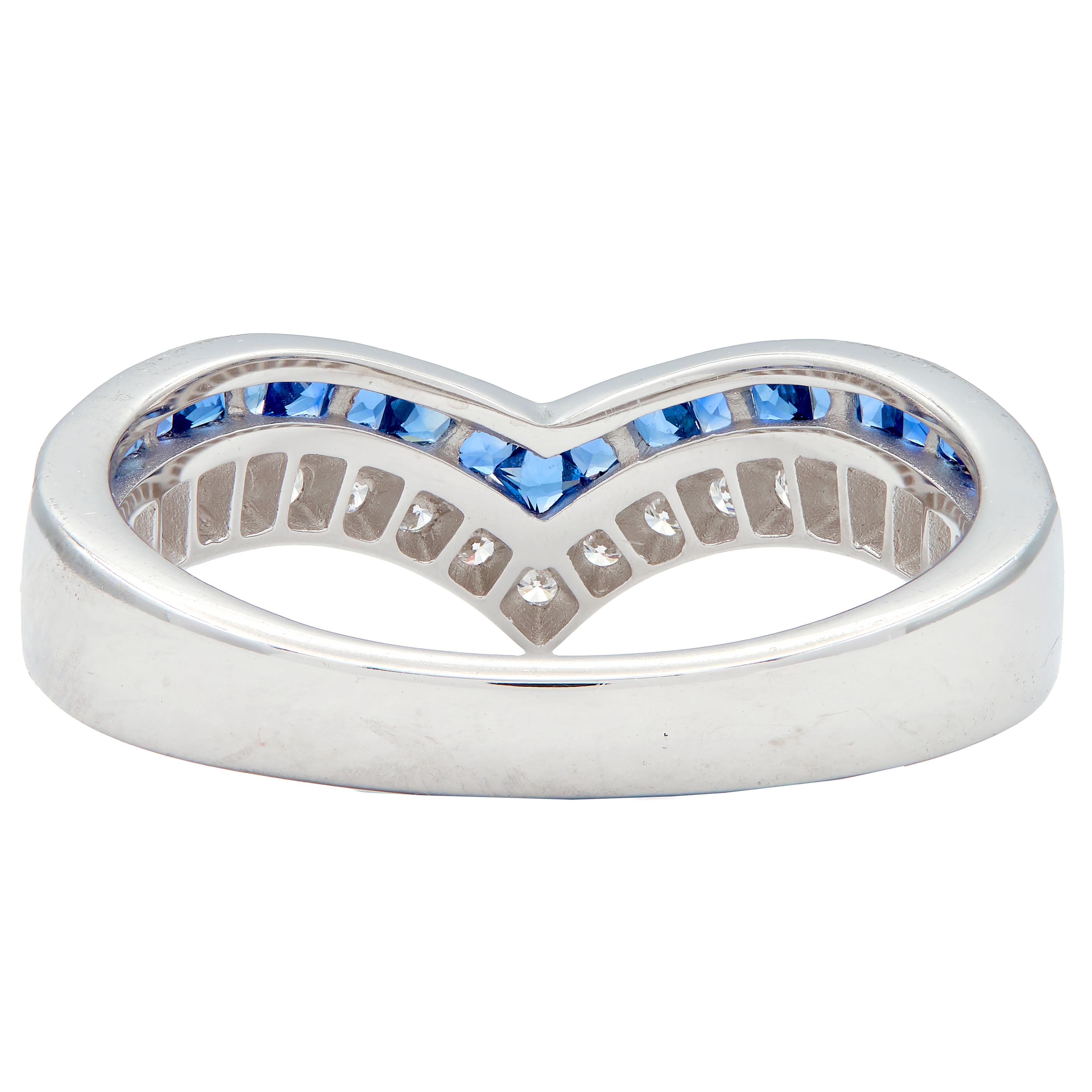 Contemporary French Cut Sapphire Diamond 14K Gold Chevron Contour Band Ring