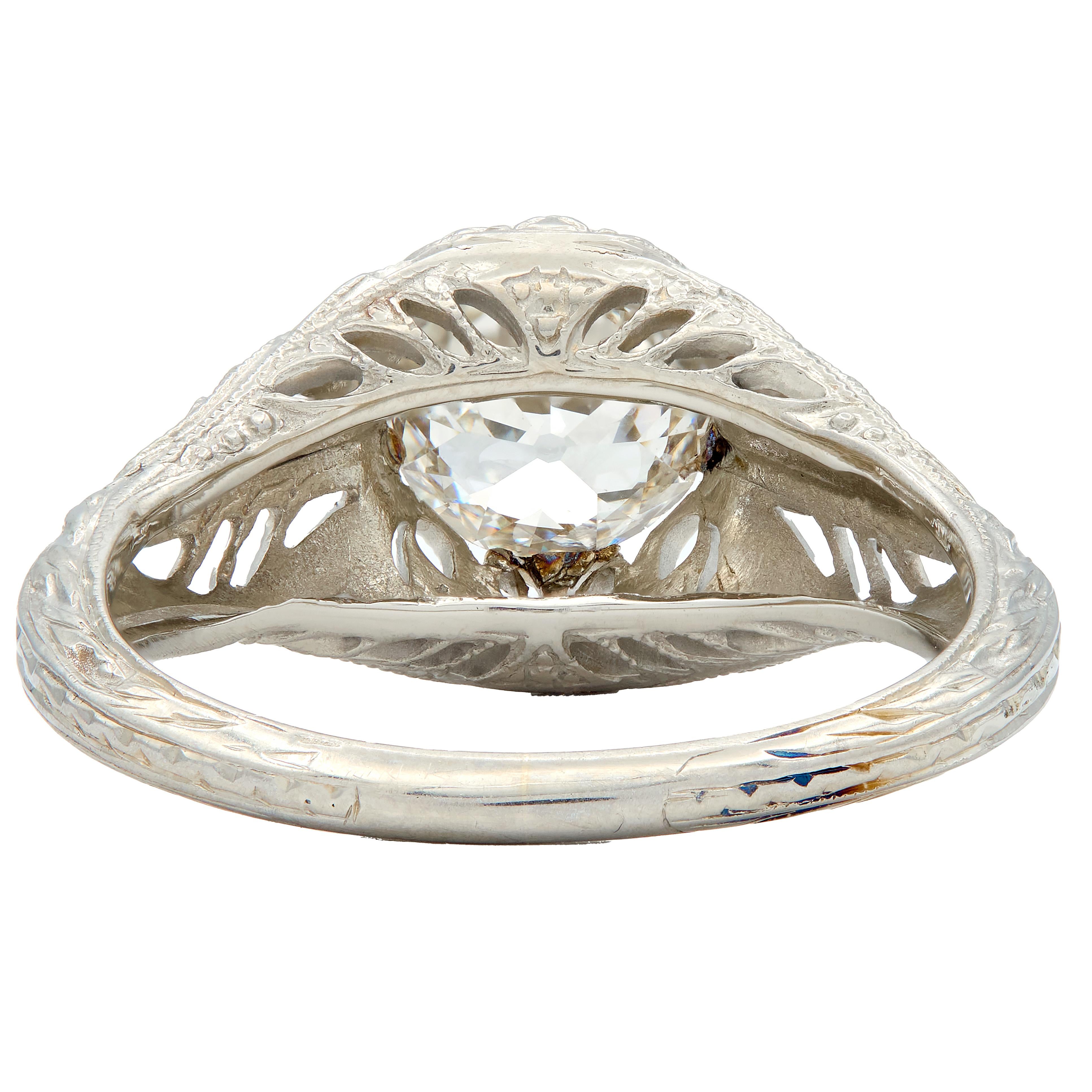 Art Deco 1.02 CTW Old European Cut Diamond 18 Karat White Gold Engagement Ring