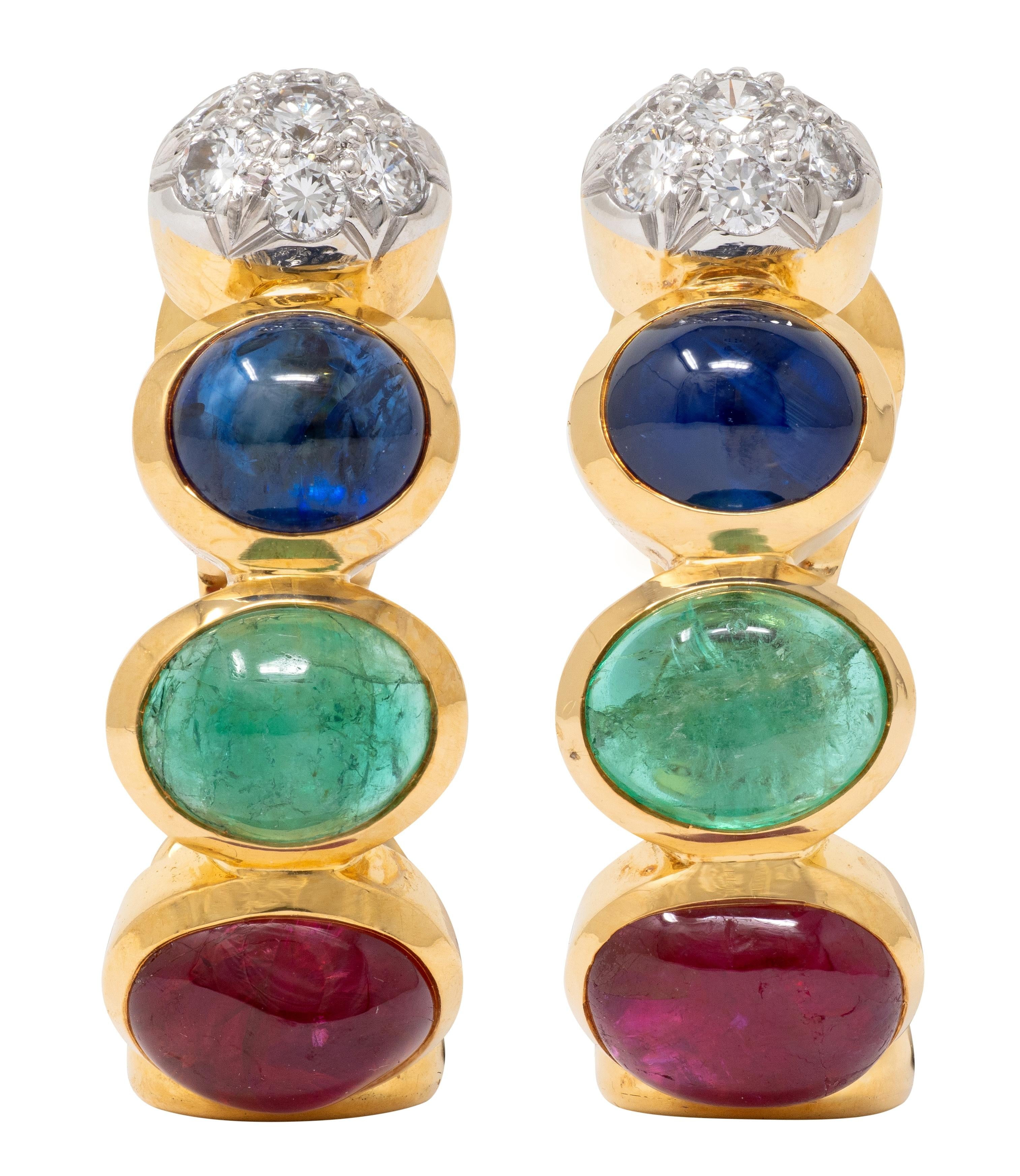 David Webb 1980's Multi-Gem 18K Gold Platinum Vintage J-Hoop Ear-Clip Earrings