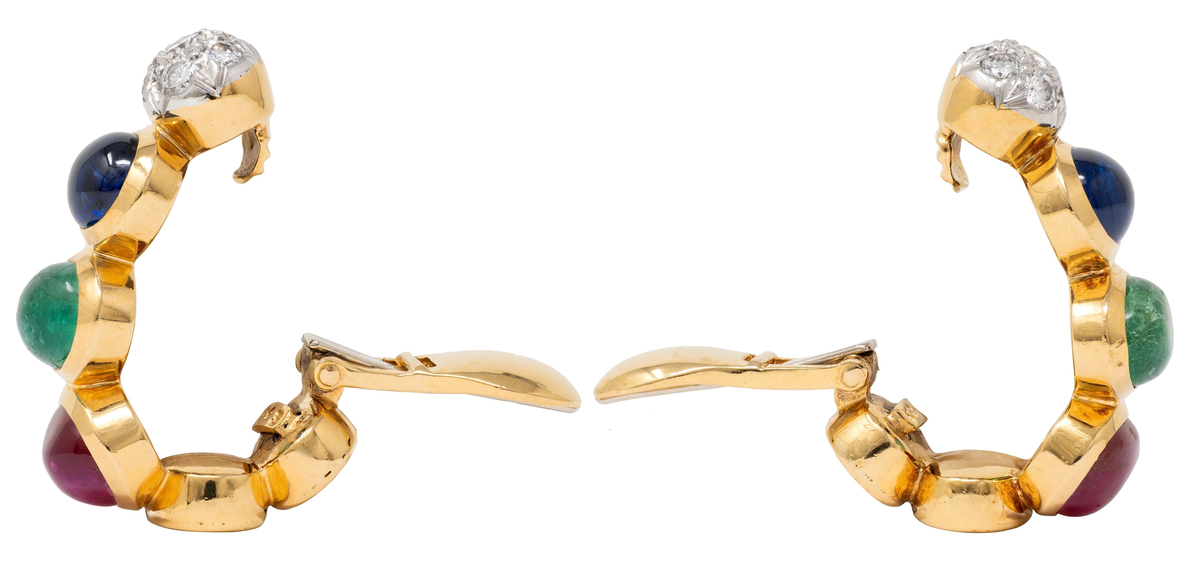 David Webb 1980's Multi-Gem 18K Gold Platinum Vintage J-Hoop Ear-Clip Earrings