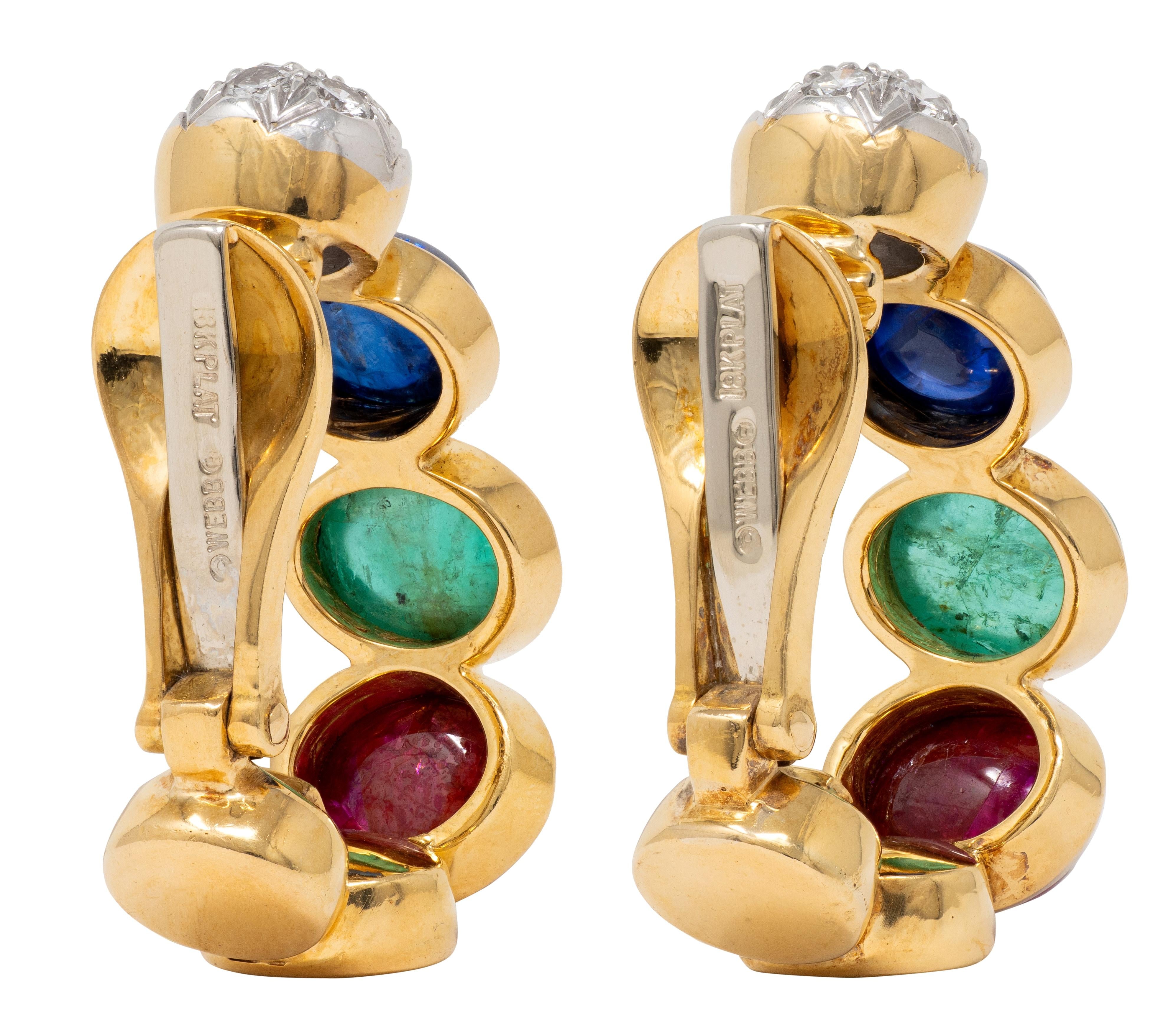 David Webb 1980's Multi-Gem 18K Gold Platinum Vintage J-Hoop Ear-Clip Earrings