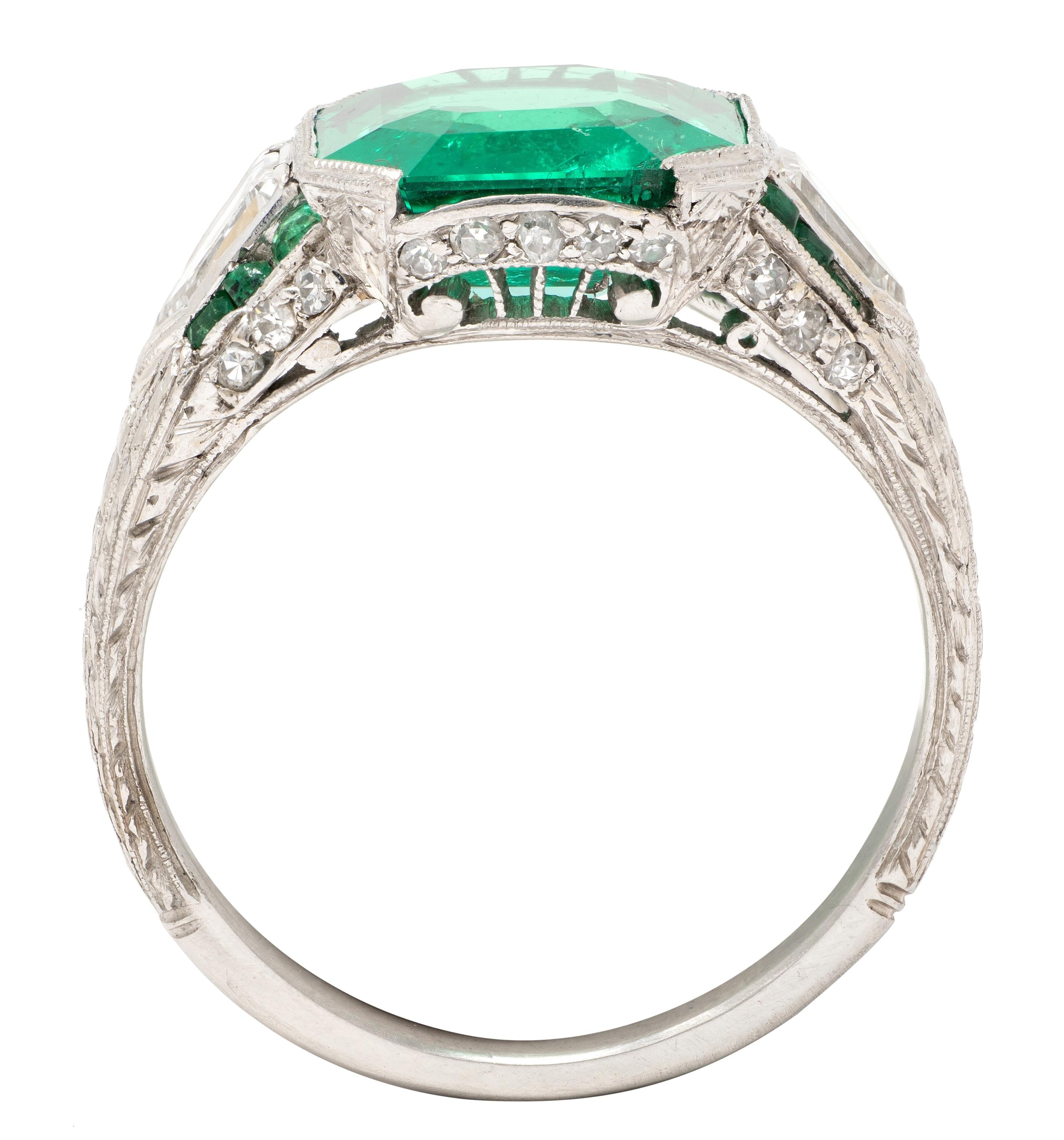 Art Deco 3.57 CTW Colombian Emerald Diamond Platinum Vintage Wheat Ring AGL