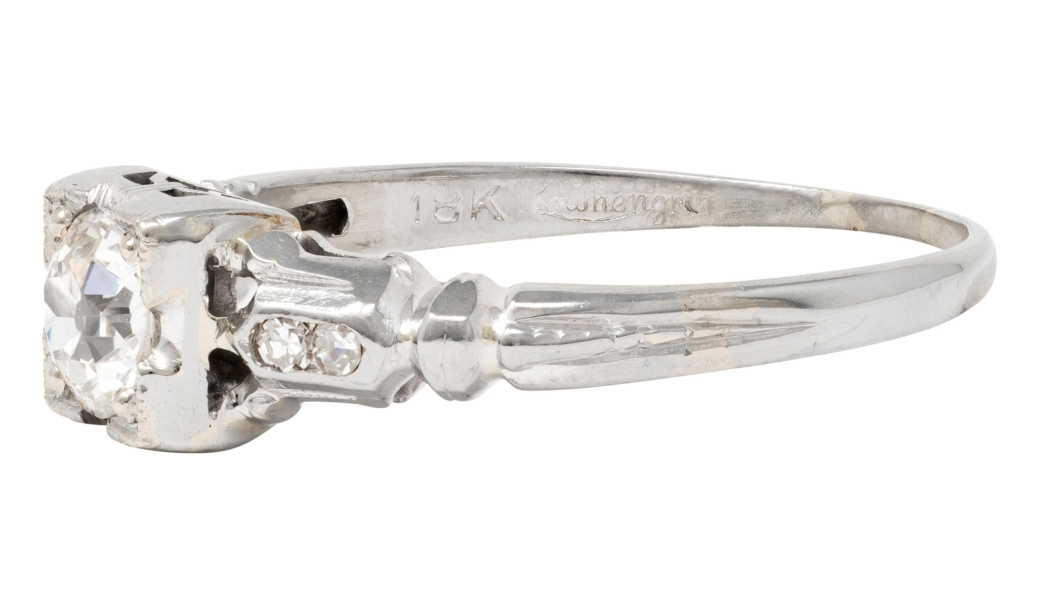 Art Deco Old European Diamond 18 Karat White Gold Vintage Lotus Engagement Ring