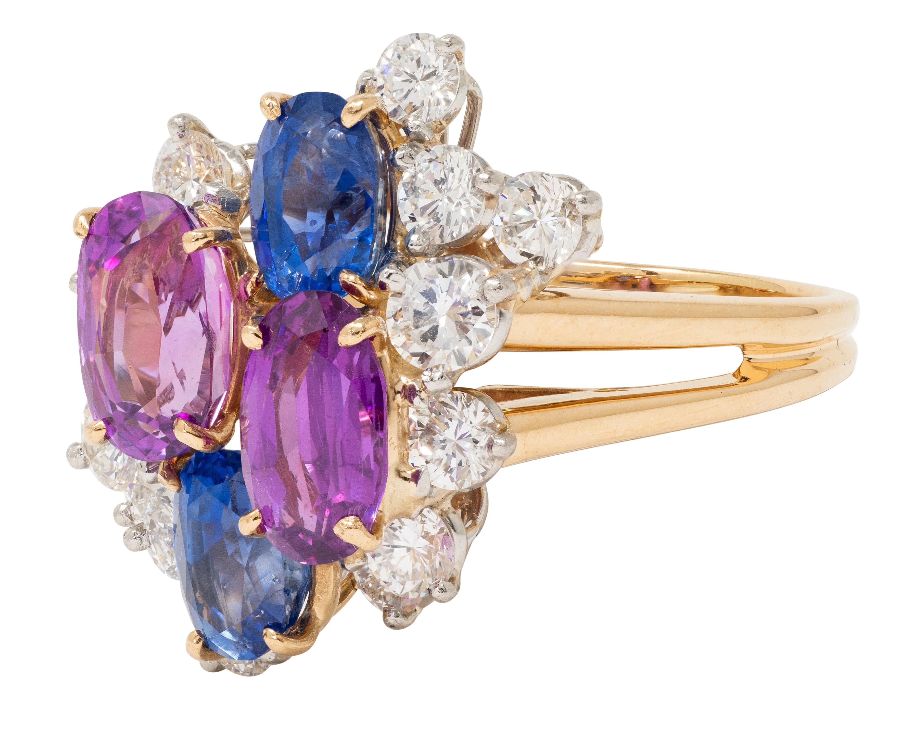 Oscar Heyman 1980's Sapphire Diamond 18K Gold Platinum Vintage Cluster Ring
