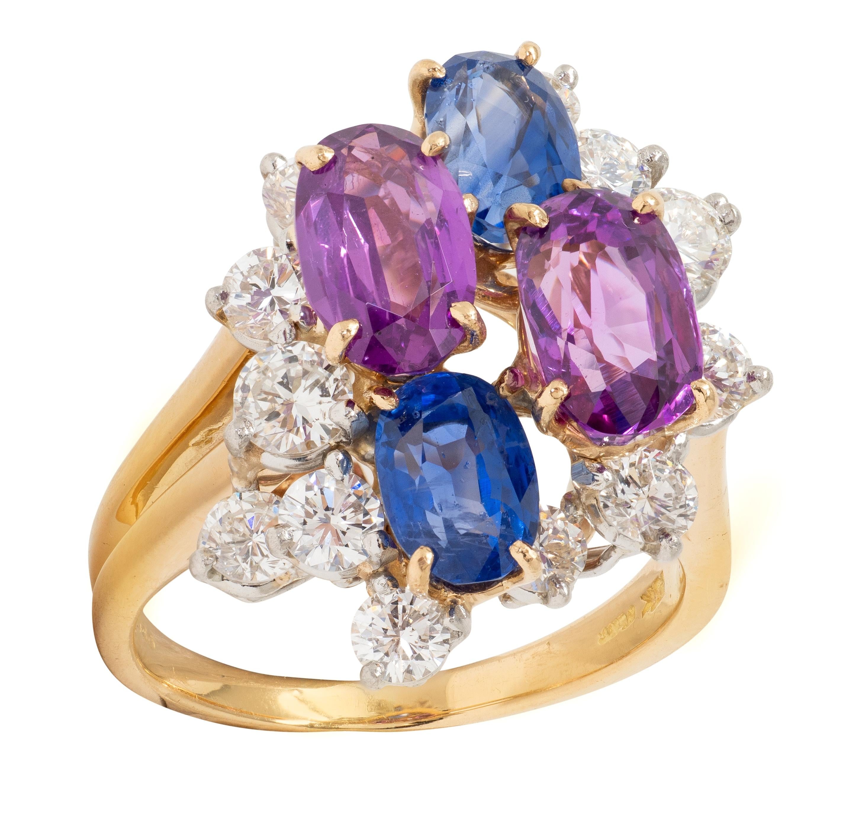 Oscar Heyman 1980's Sapphire Diamond 18K Gold Platinum Vintage Cluster Ring