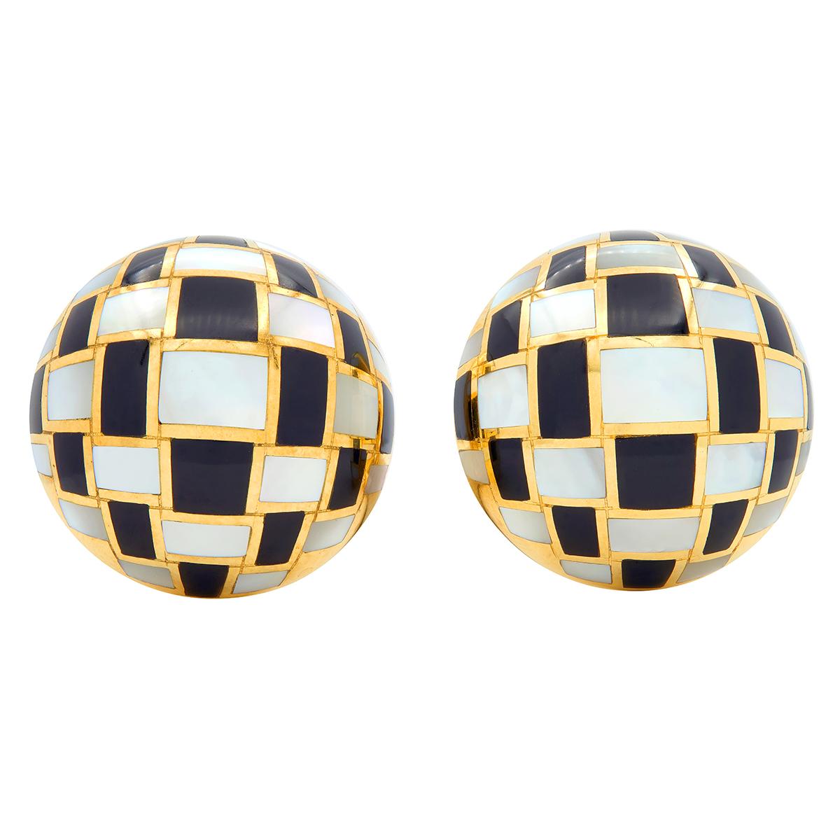 Tiffany & Co. 1980's Mother-Of-Pearl Onyx 18K Gold Vintage Checkerboard Earrings