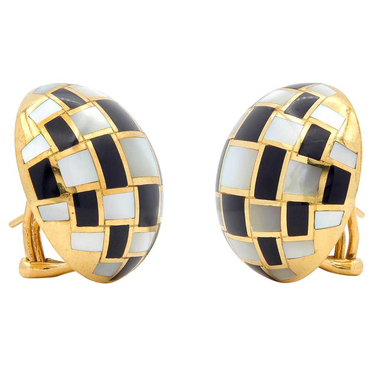 Tiffany & Co. 1980's Mother-Of-Pearl Onyx 18K Gold Vintage Checkerboard Earrings