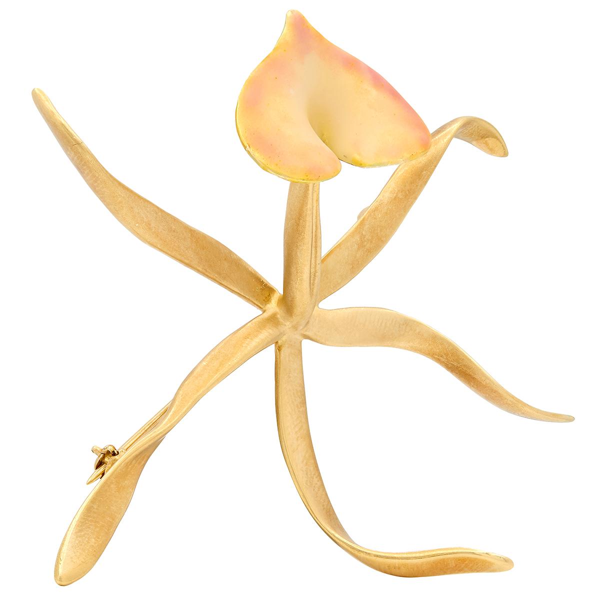 Angela Cummings 1988 Enamel 18 Karat Yellow Gold Vintage Orchid Flower Brooch