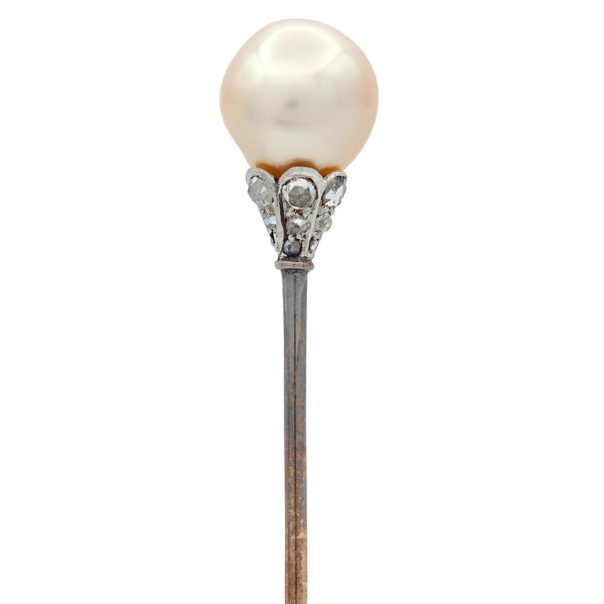 Edwardian Pearl Diamond 14 Karat Yellow Gold Platinum Antique Stickpin GIA