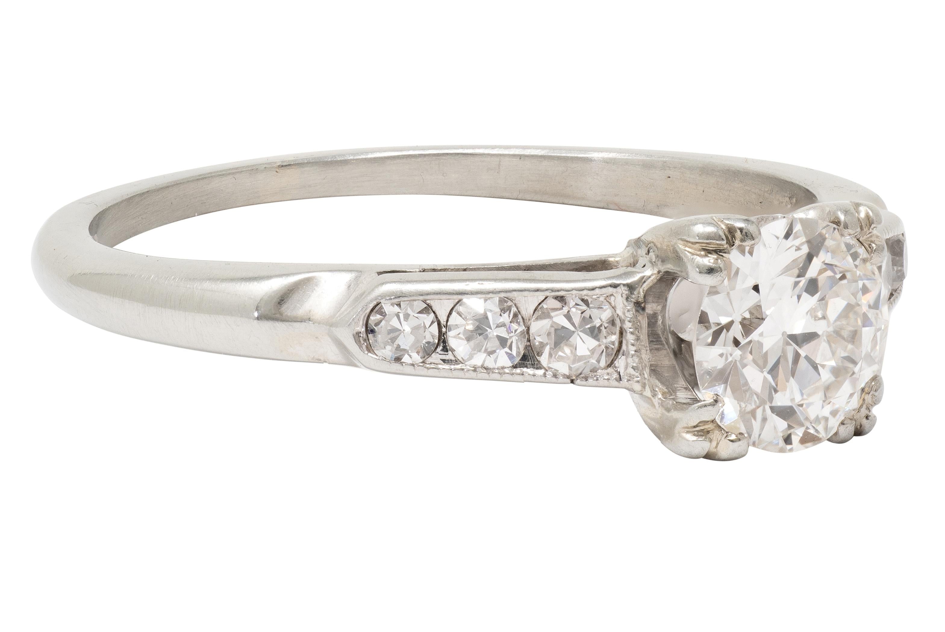 Art Deco European Diamond 18K White Gold Vintage Fleur-De-Lis Engagement Ring